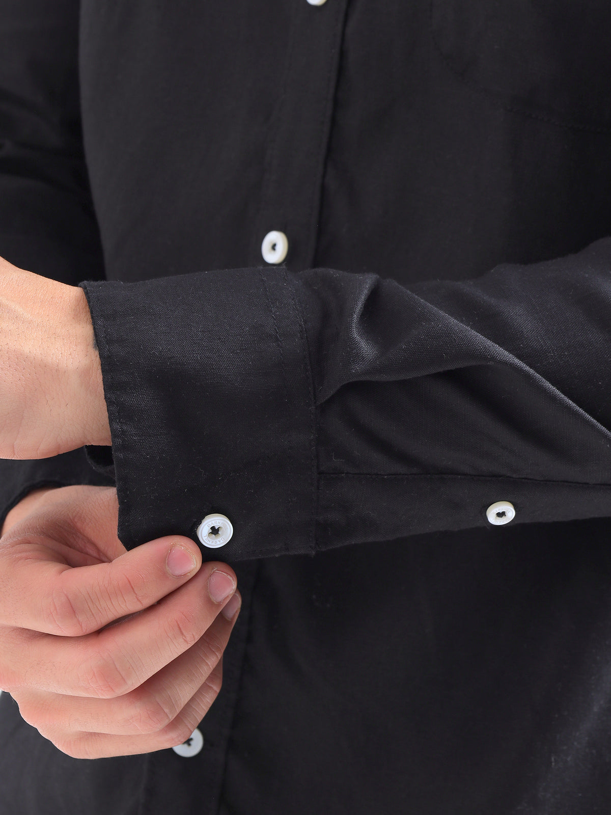 Black Button-Down Shirt — black cuff detail