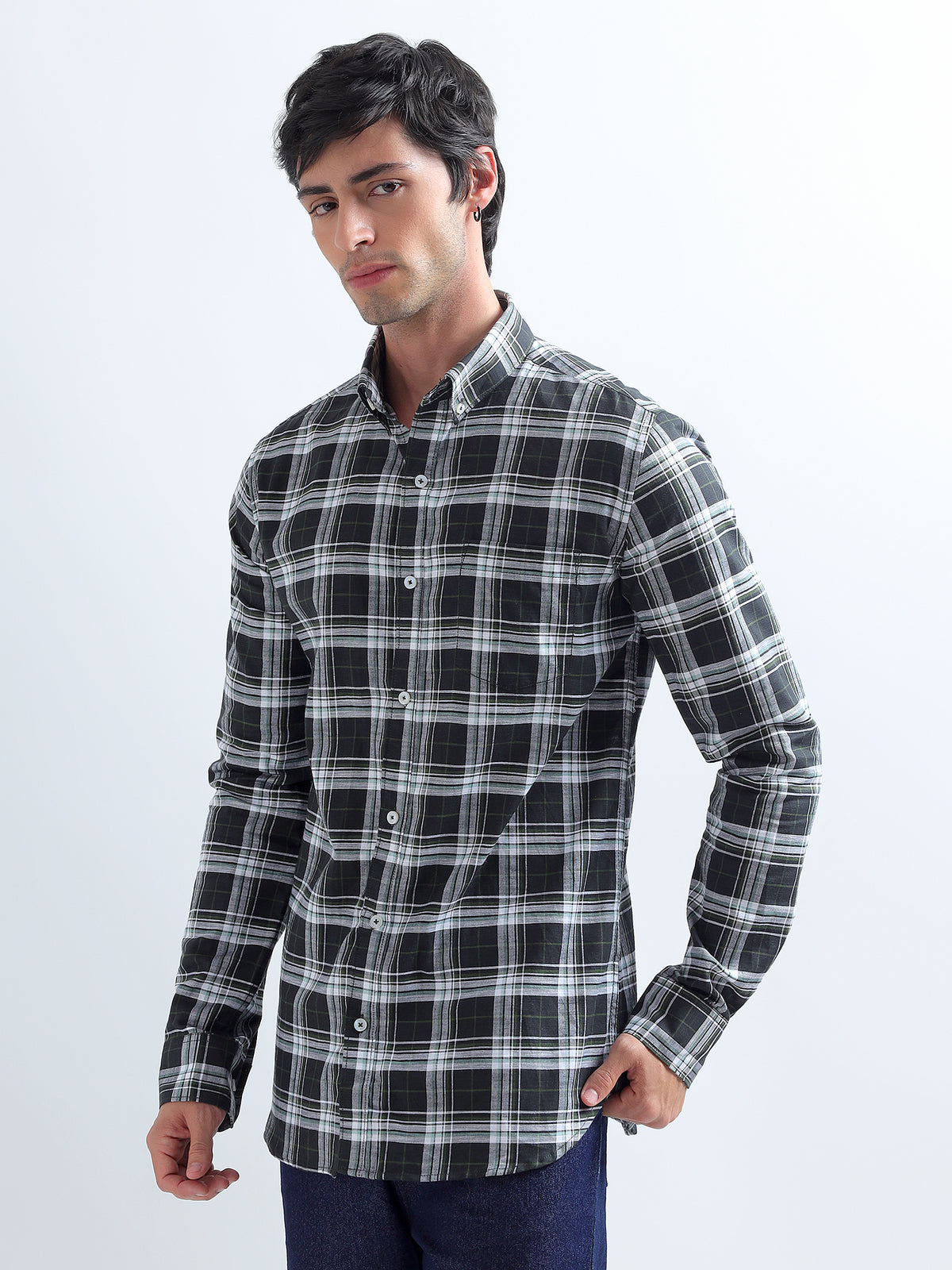 Black Plaid Shirt — three-quarter