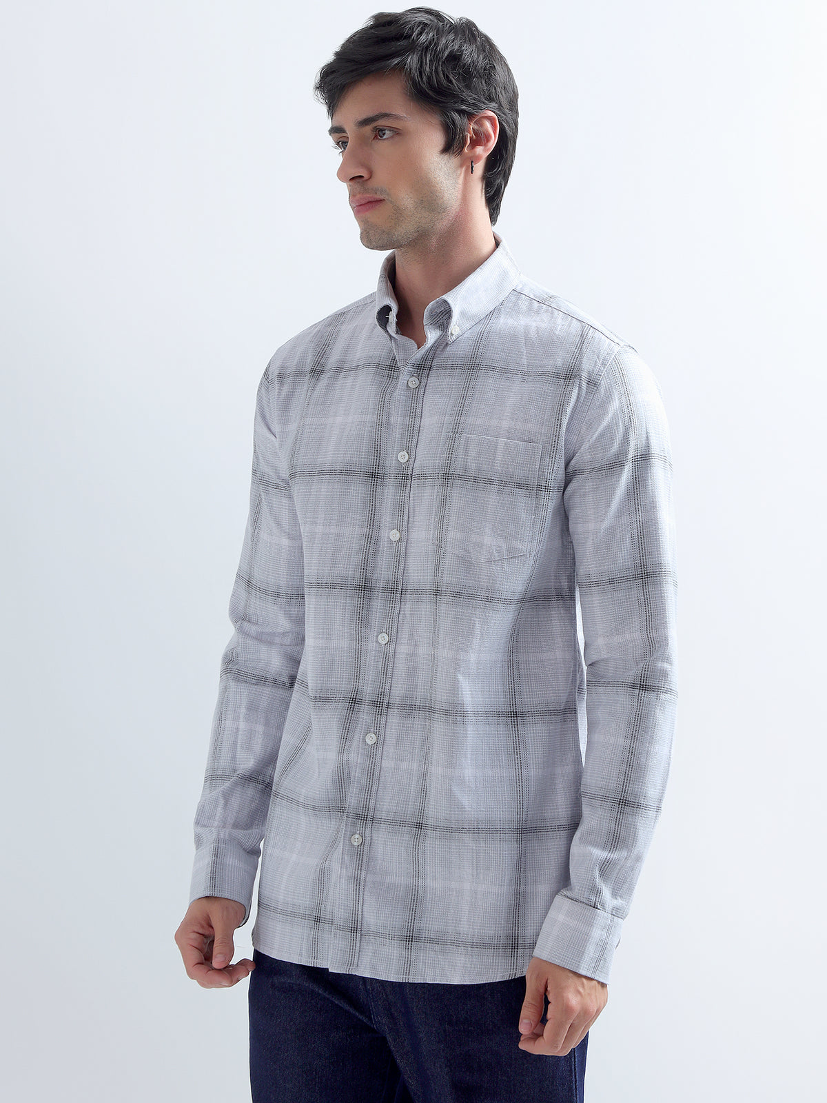 Slate Plaid Shirt — three-quarter