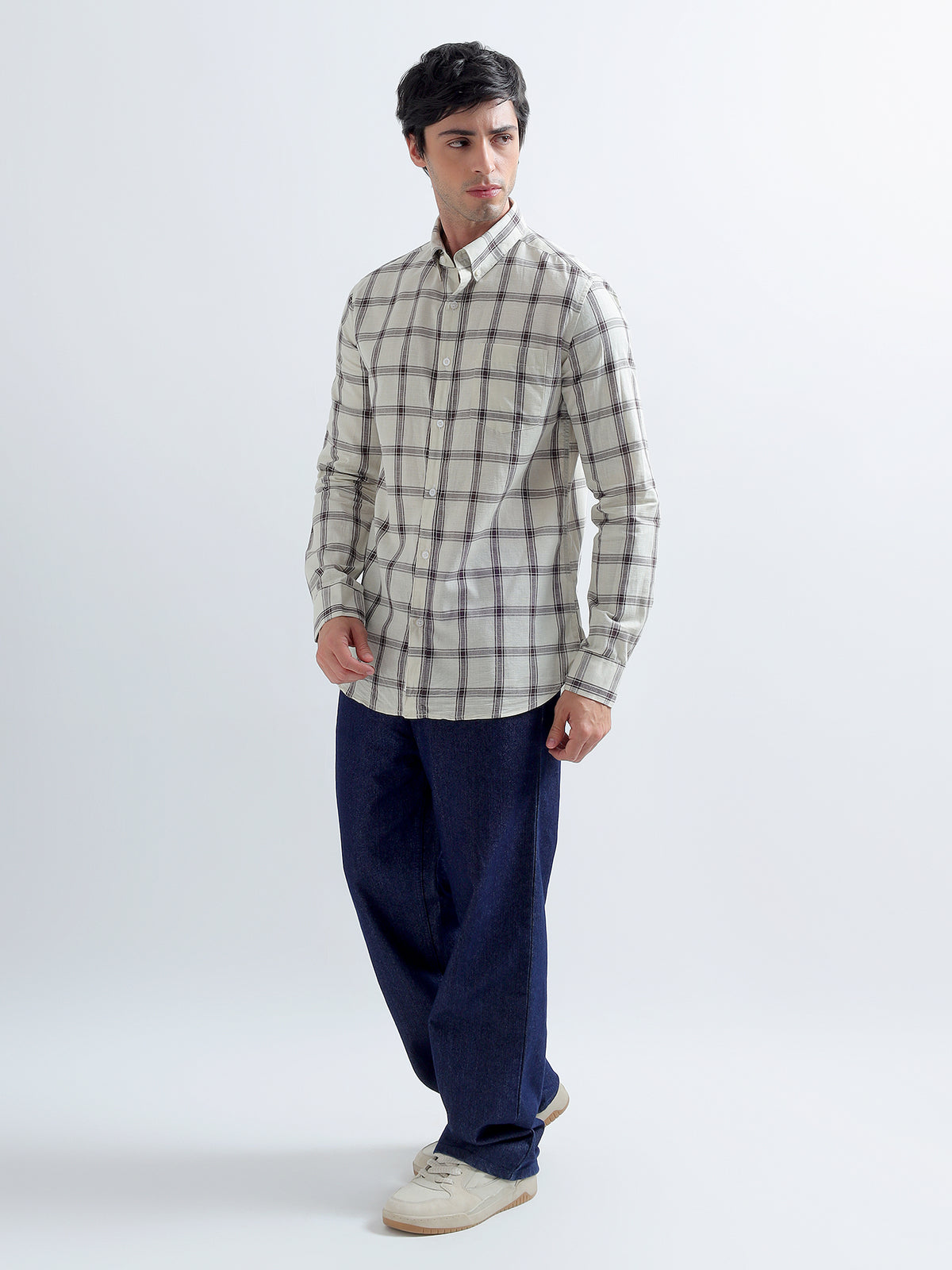 Ecru Plaid Shirt — full length