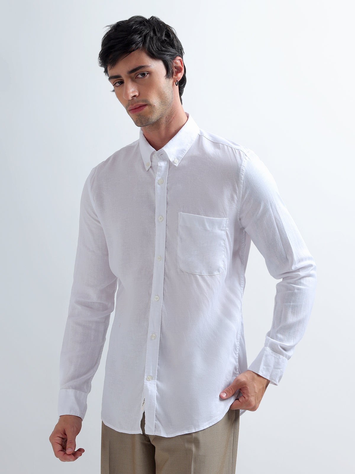 White Button-Down Shirt — white three-quarter