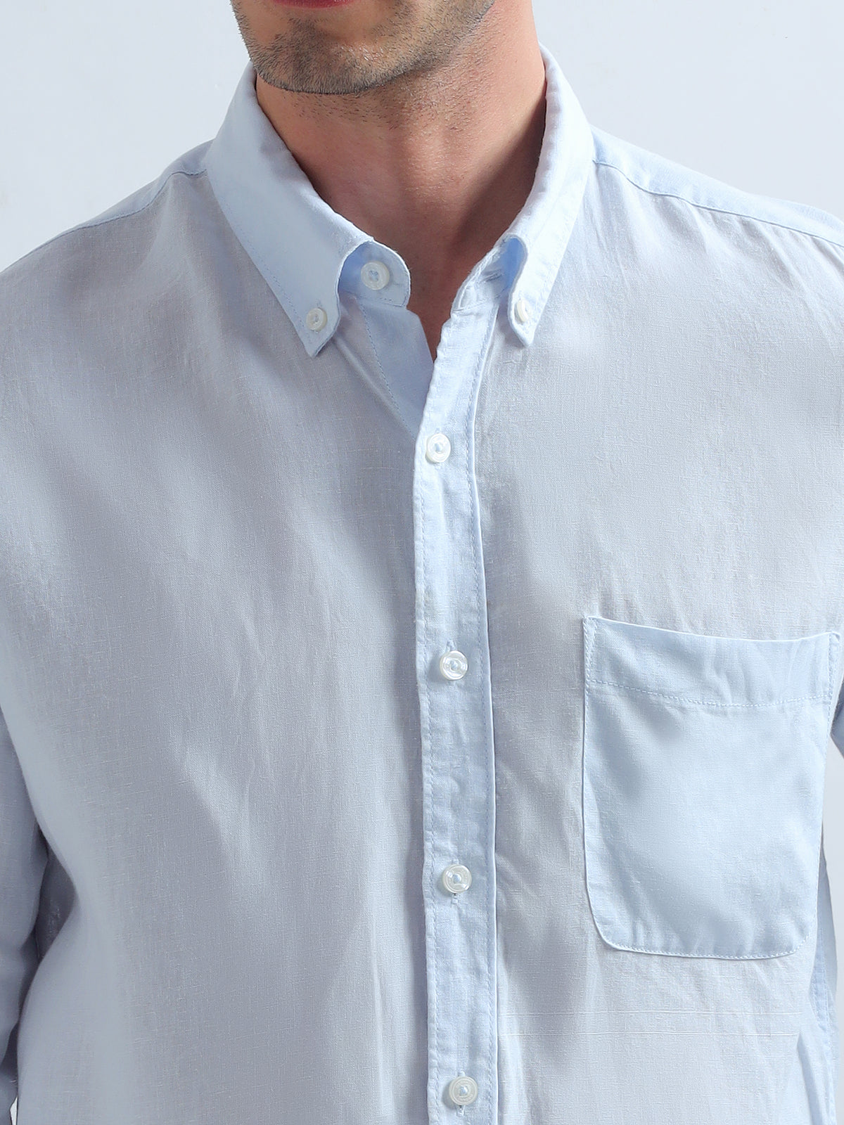 Ice Blue Button-Down Shirt — ice blue fabric detail