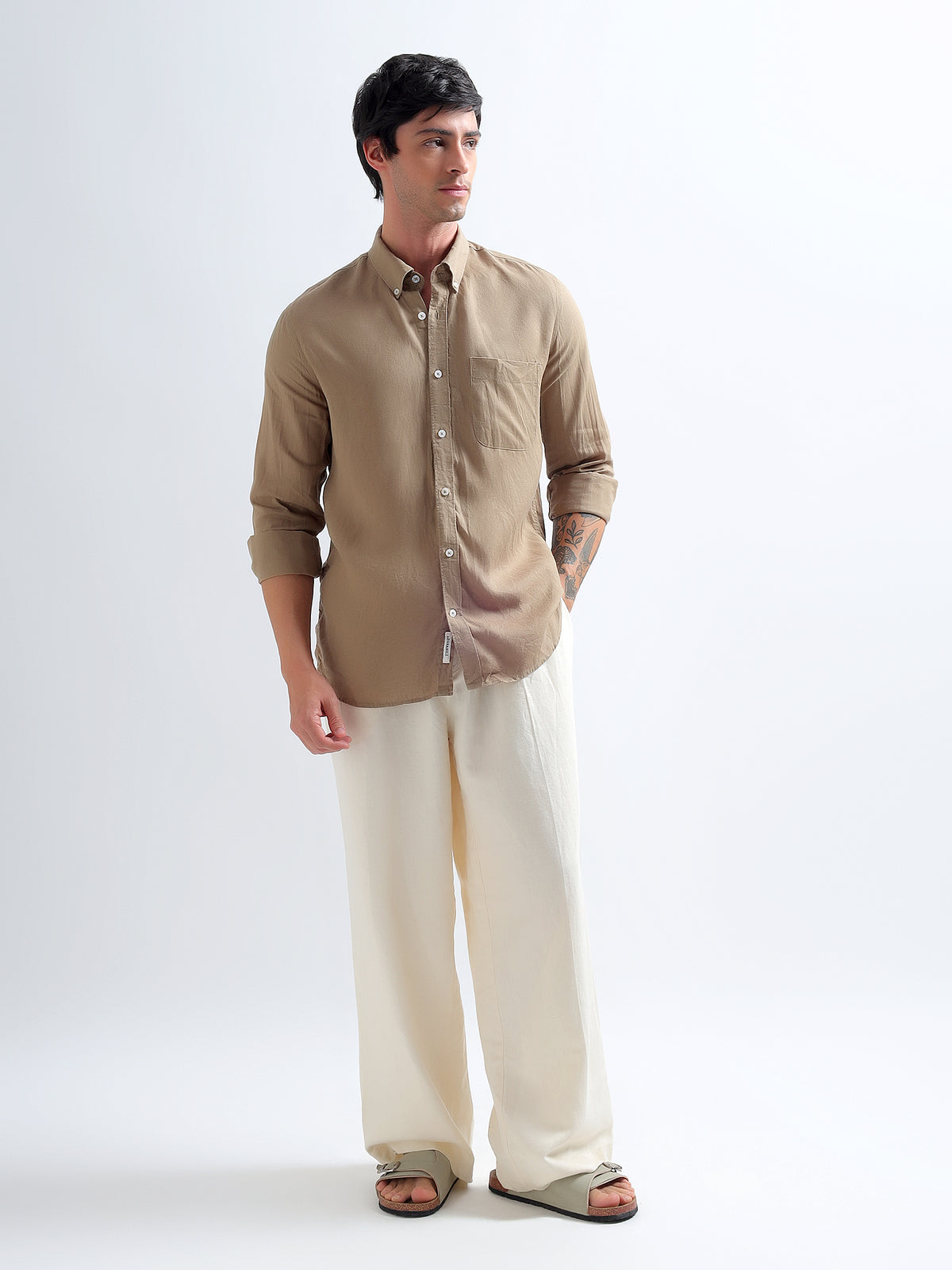 Khaki Button-Down Shirt — khaki full length