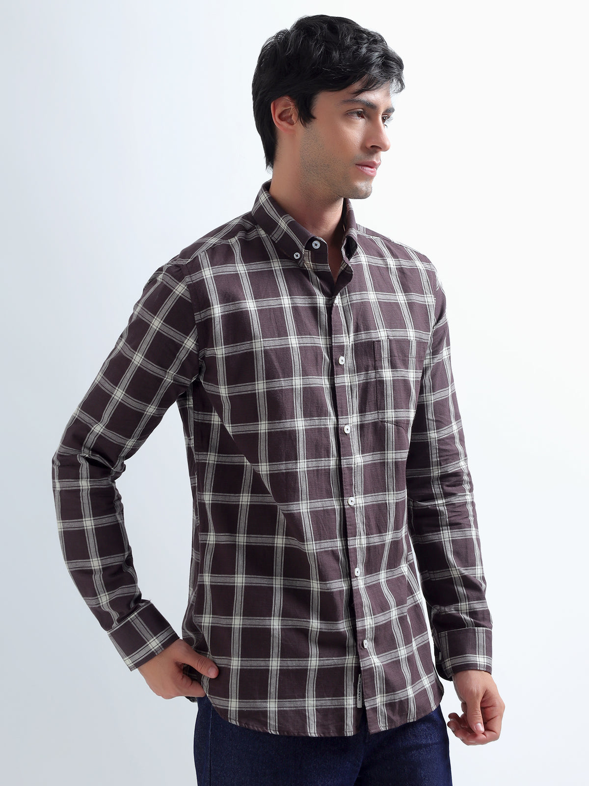 Plum Windowpane Shirt — three-quarter