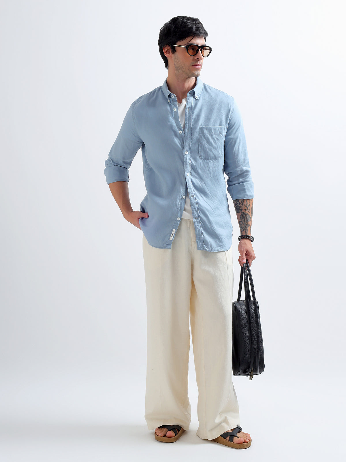 Faded Blue Button-Down Shirt — faded blue styled