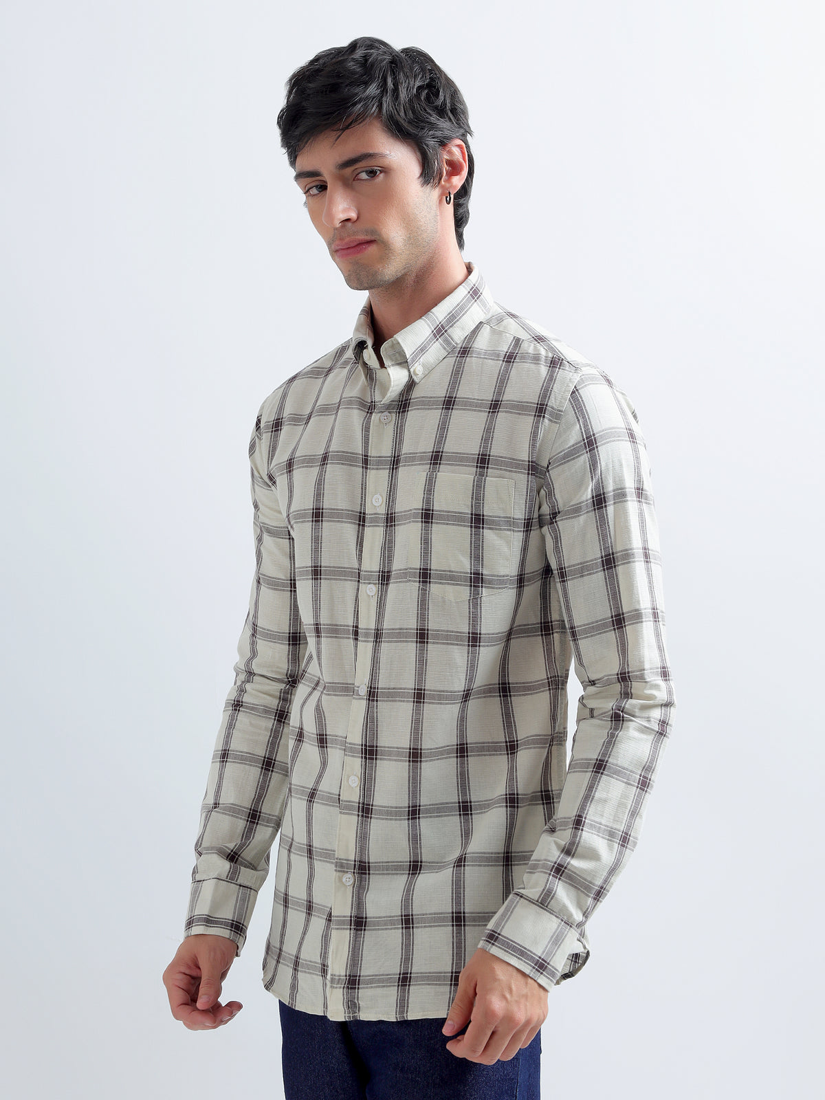 Ecru Plaid Shirt — three-quarter