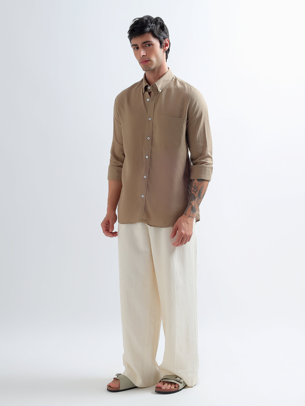 Khaki Button-Down Shirt — khaki full length