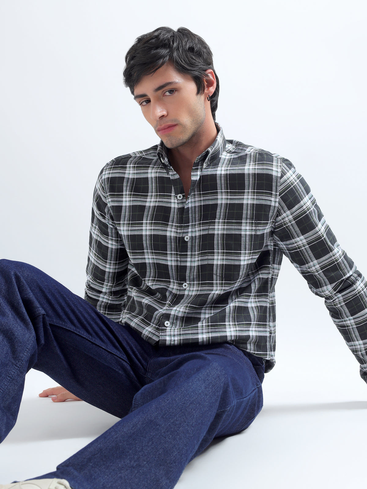 Black Plaid Shirt — seated
