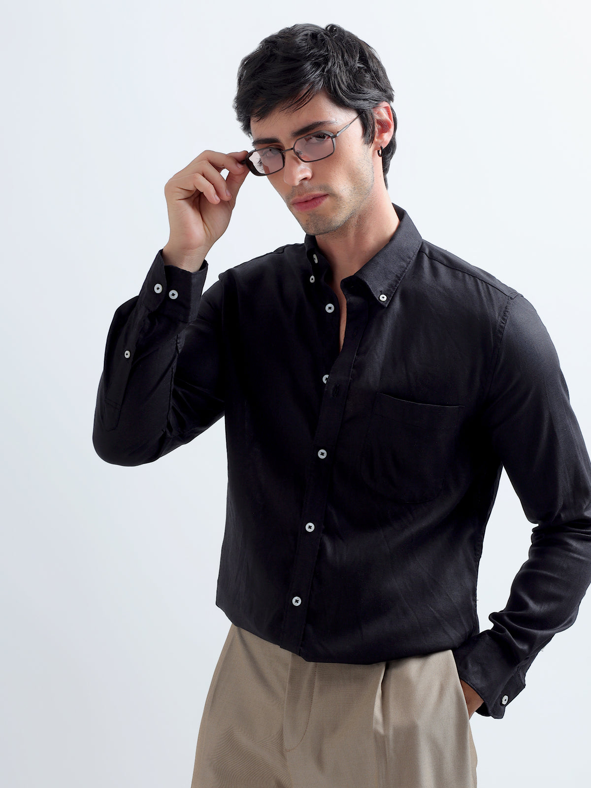 Black Button-Down Shirt — black styled