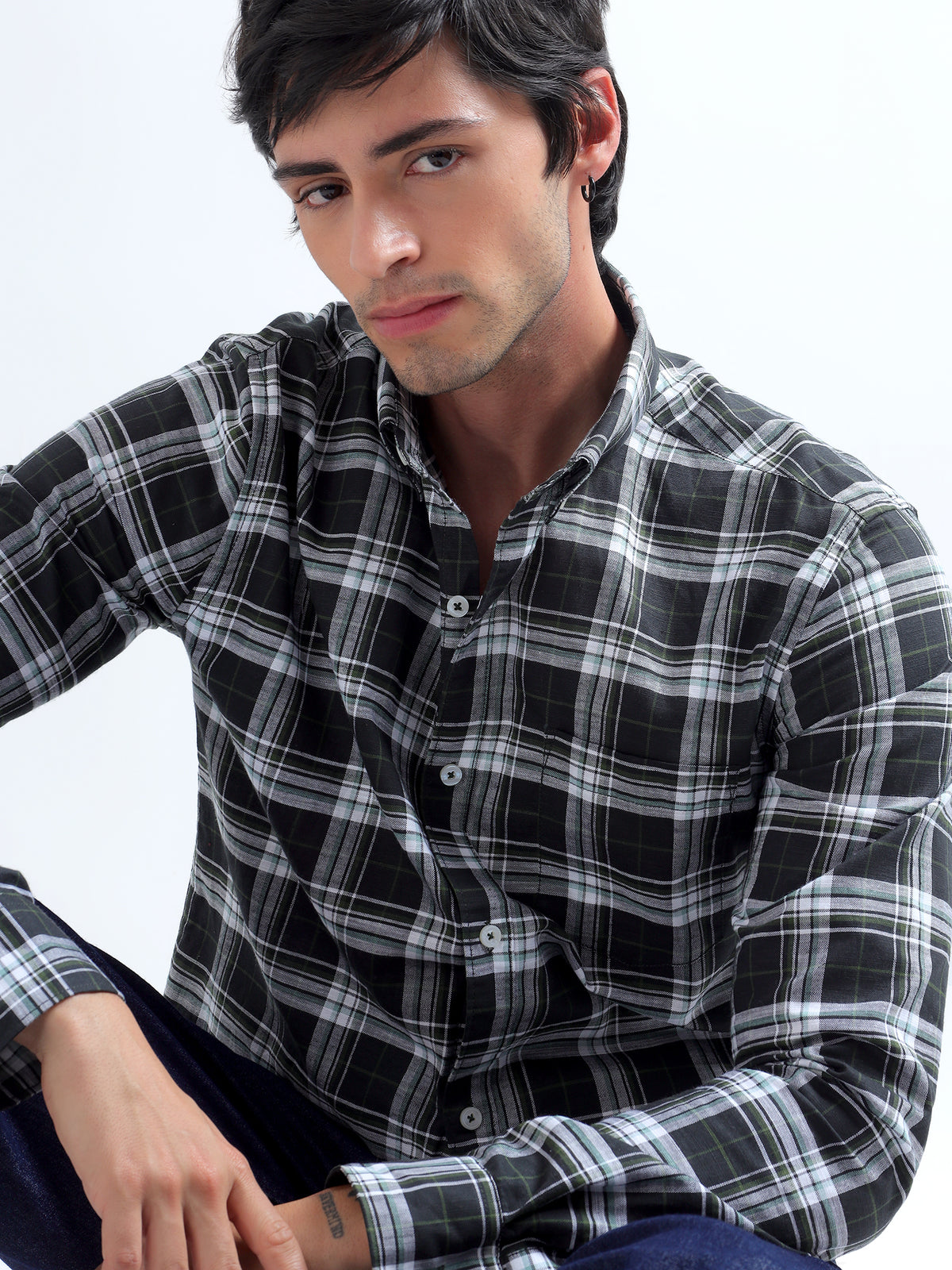 Black Plaid Shirt — seated
