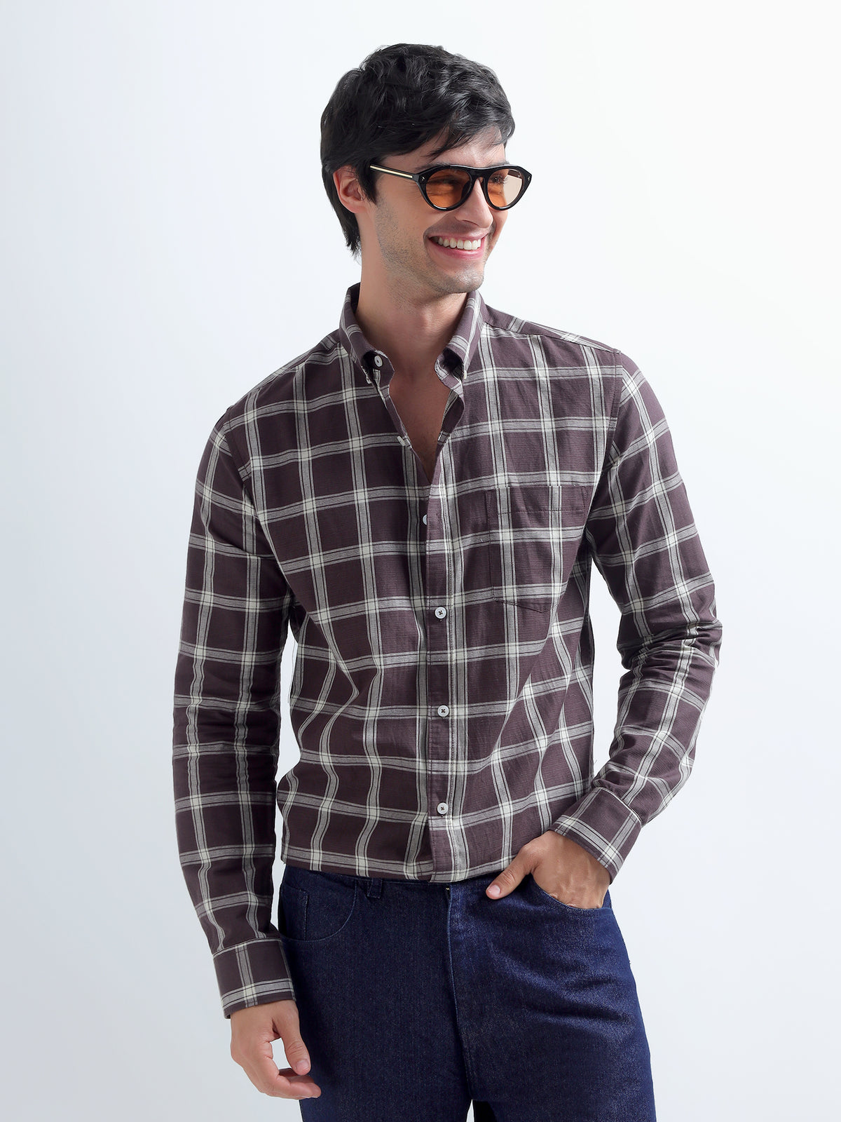 Plum Windowpane Shirt — styled