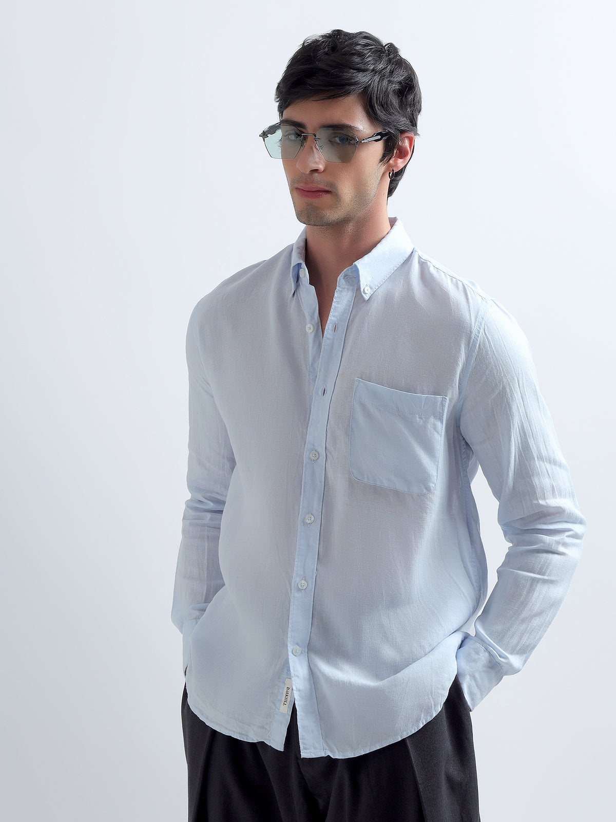 Ice Blue Button-Down Shirt — ice blue styled