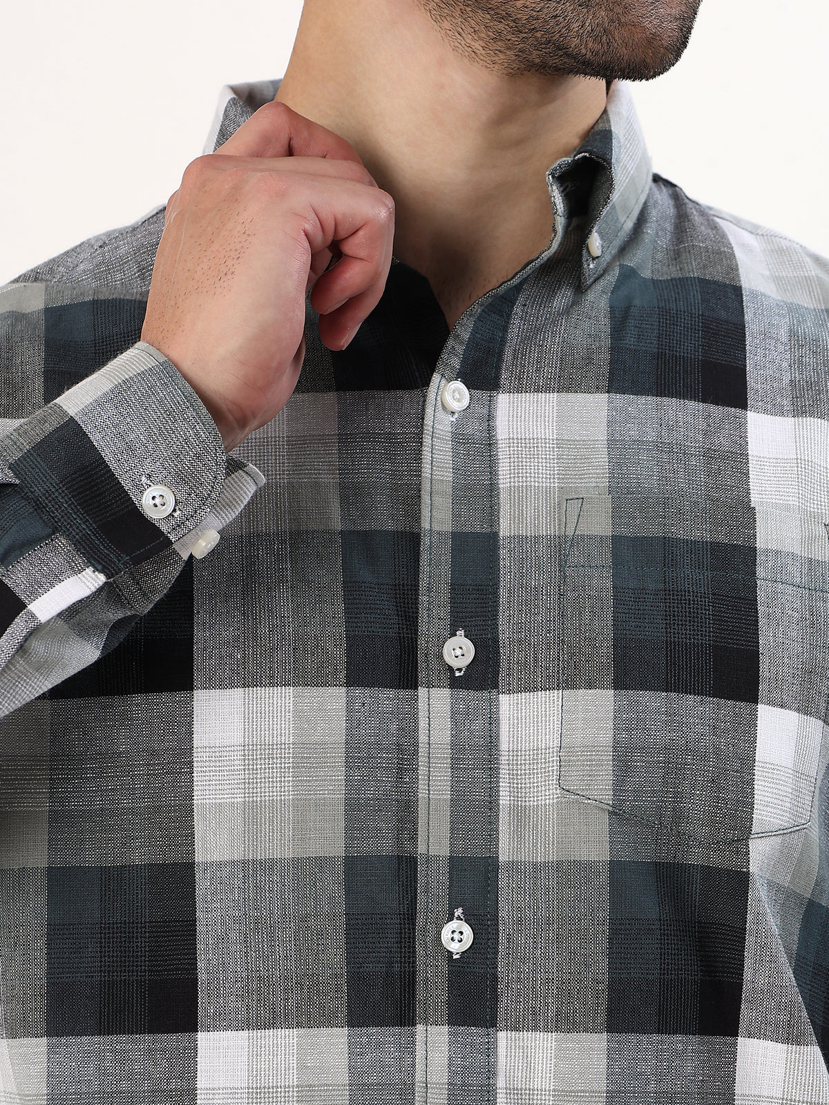 Charcoal Block Check Shirt — Charcoal and cream check shirt, view 7