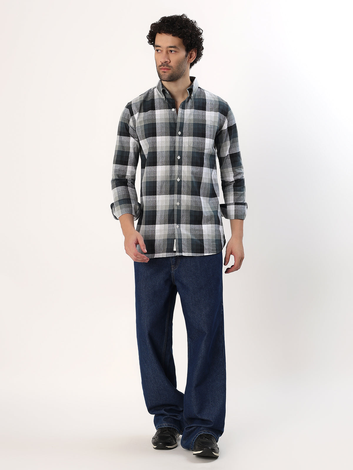 Charcoal Block Check Shirt — Charcoal and cream check shirt, view 2