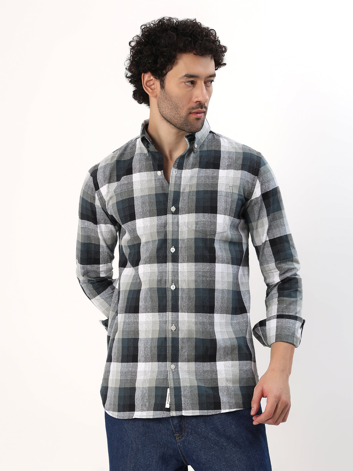 Charcoal Block Check Shirt — Charcoal and cream check shirt, view 1
