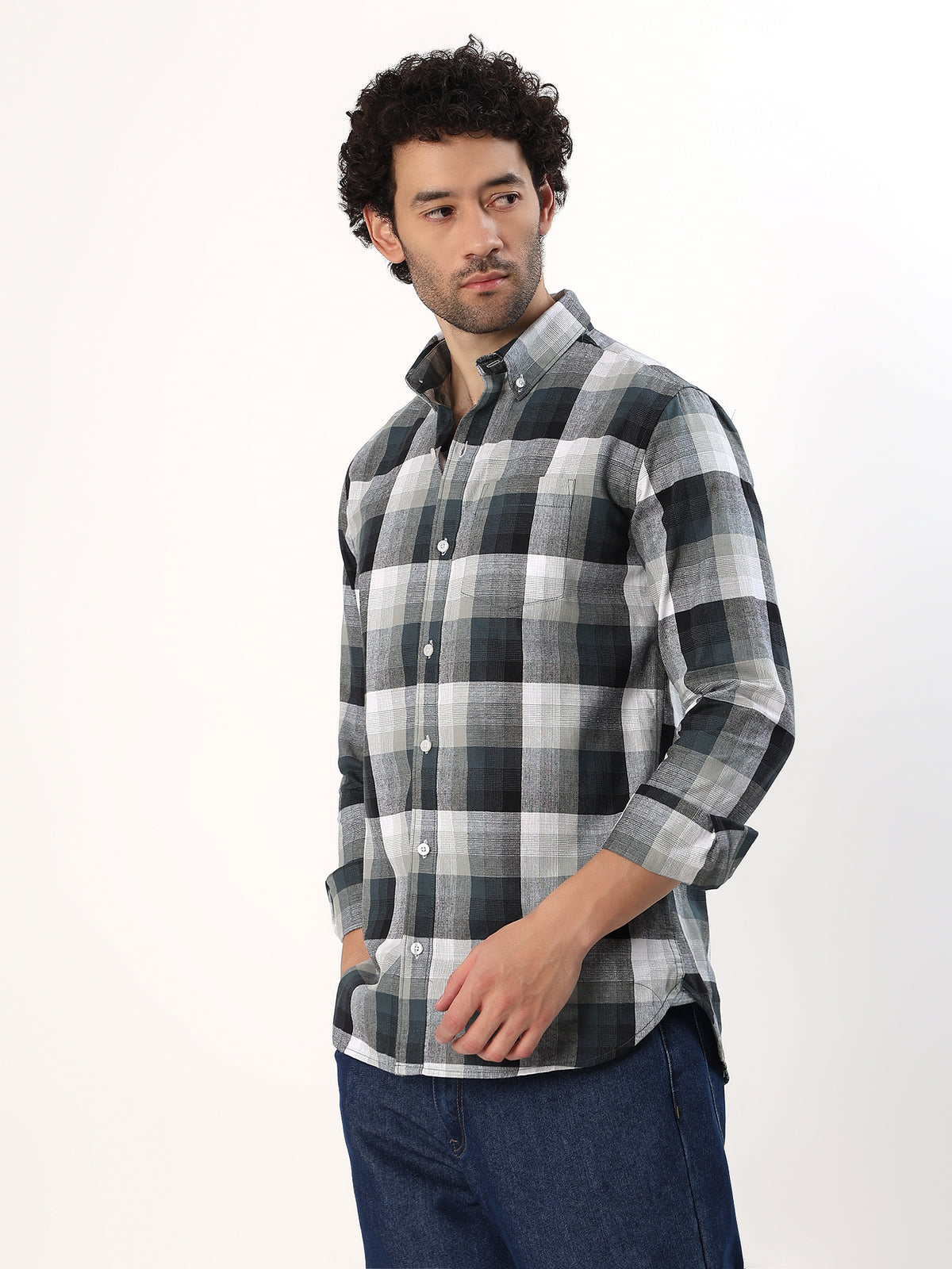 Charcoal Block Check Shirt — Charcoal and cream check shirt, view 3