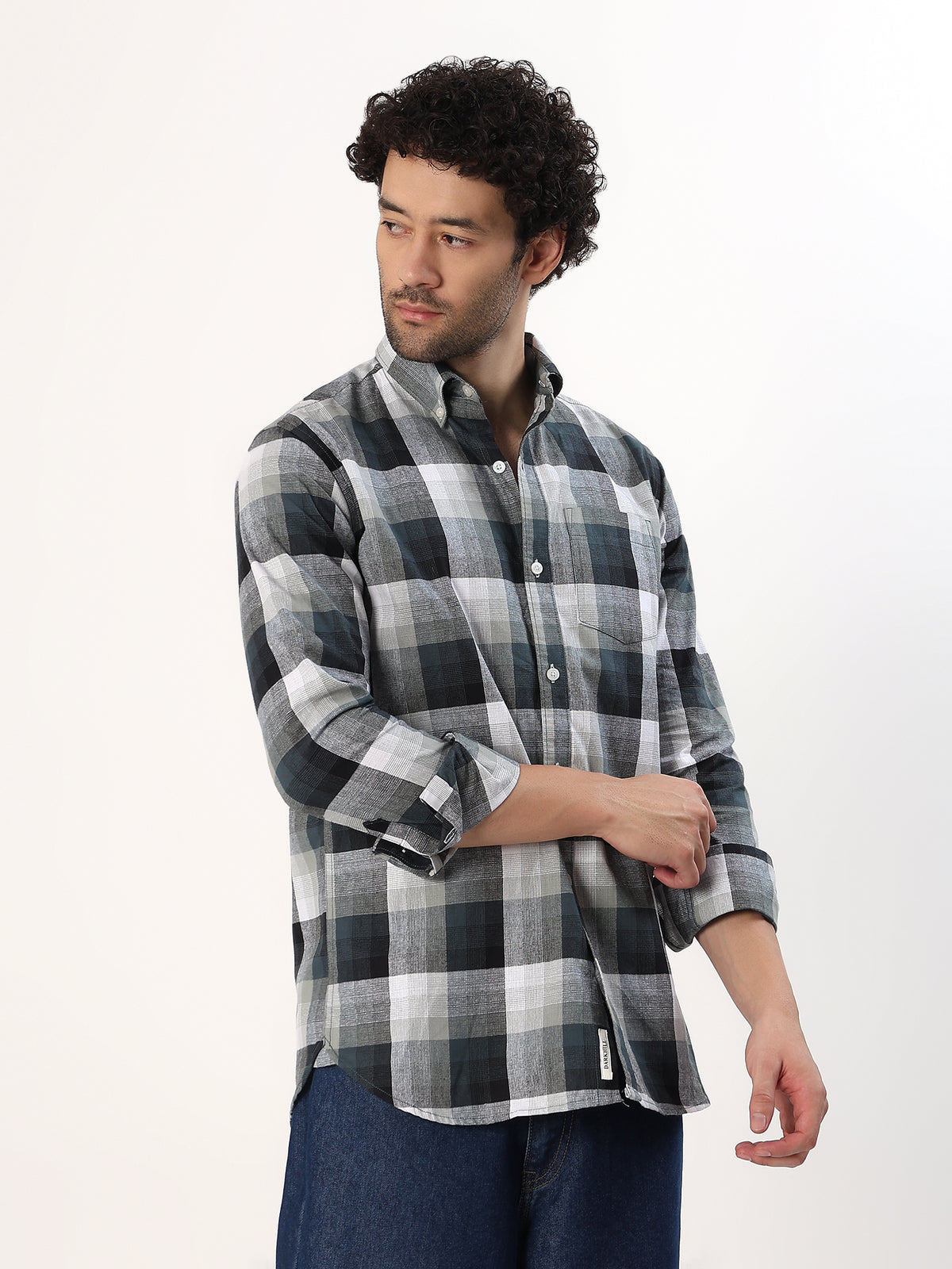 Charcoal Block Check Shirt — Charcoal and cream check shirt, view 4