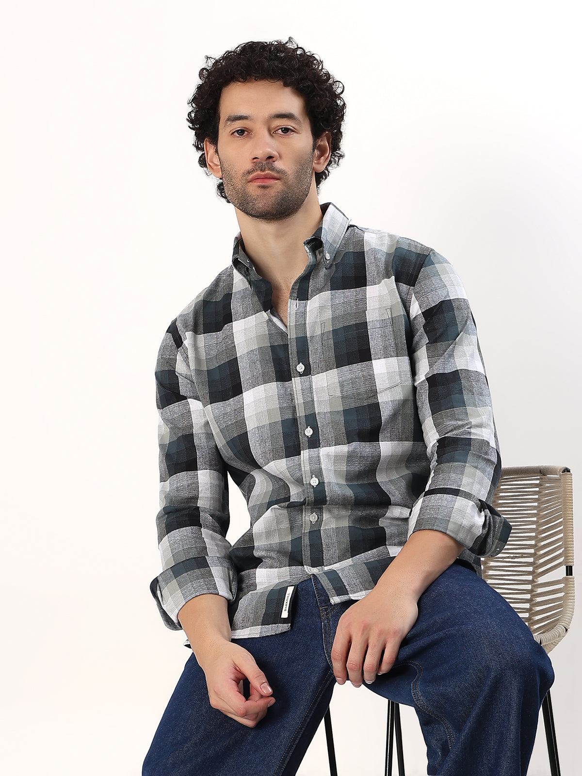 Charcoal Block Check Shirt — Charcoal and cream check shirt, view 5