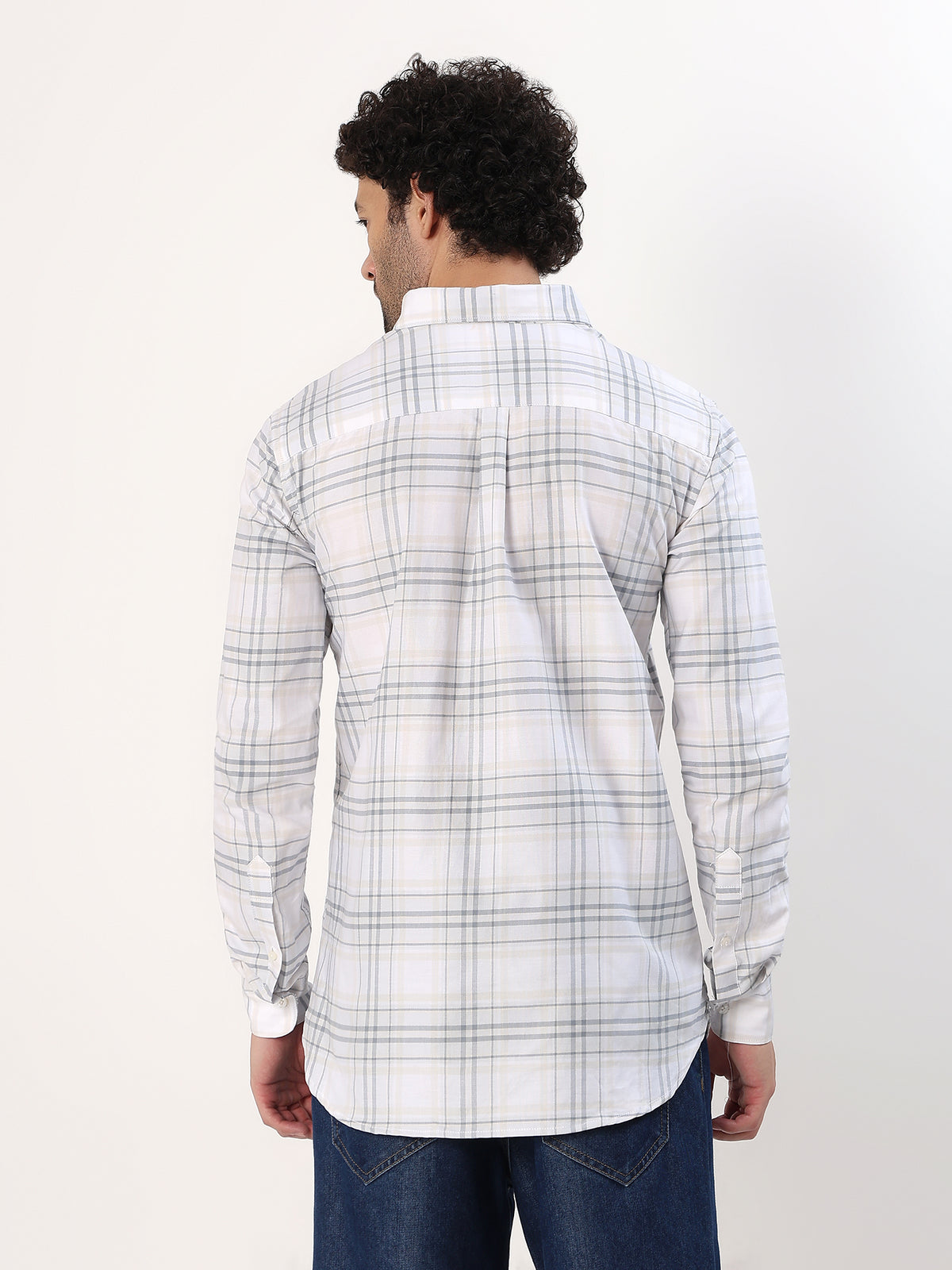 Sand Windowpane Shirt — White with sand and grey check shirt, view 6