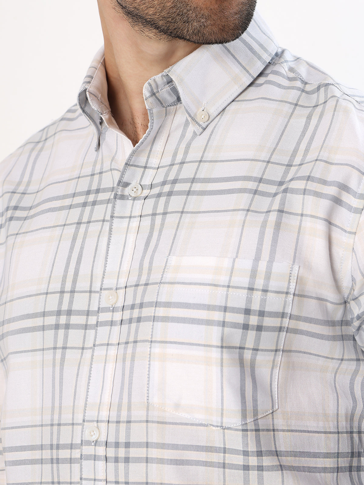 Sand Windowpane Shirt — White with sand and grey check shirt, view 7