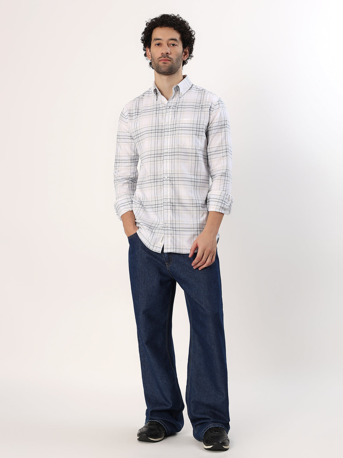 Sand Windowpane Shirt — White with sand and grey check shirt, view 2