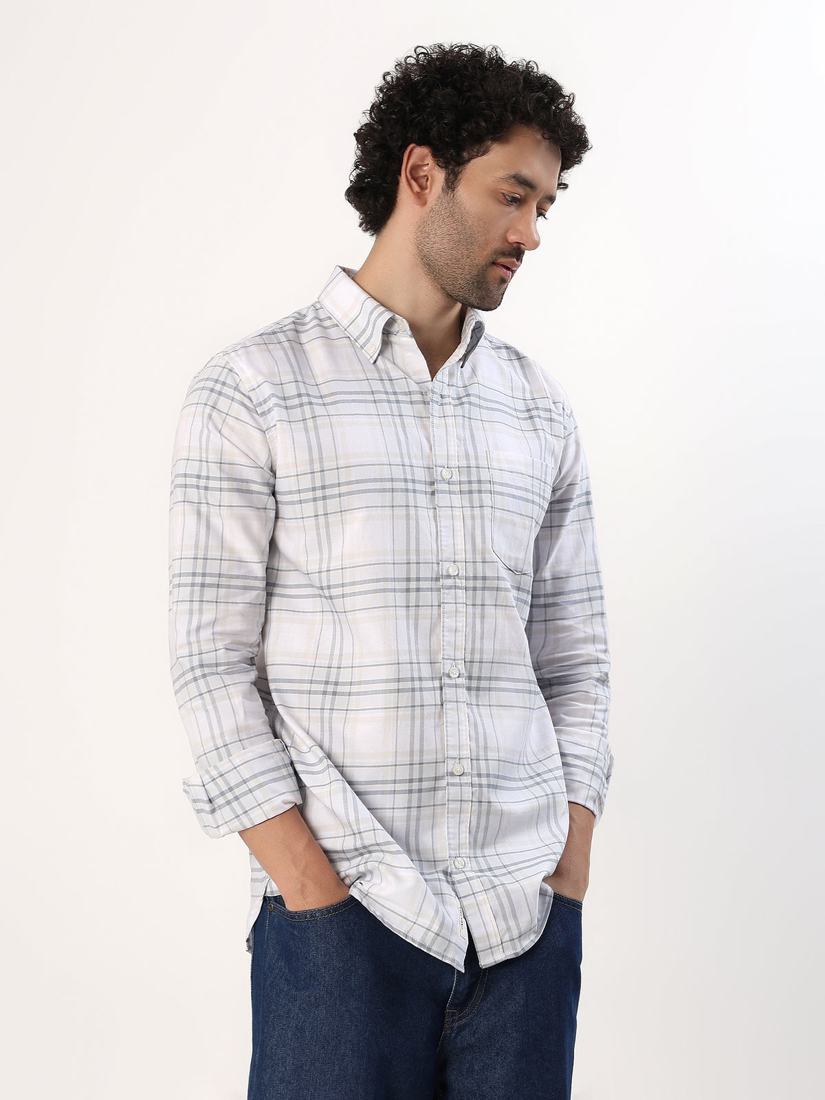 Sand Windowpane Shirt — White with sand and grey check shirt, view 1