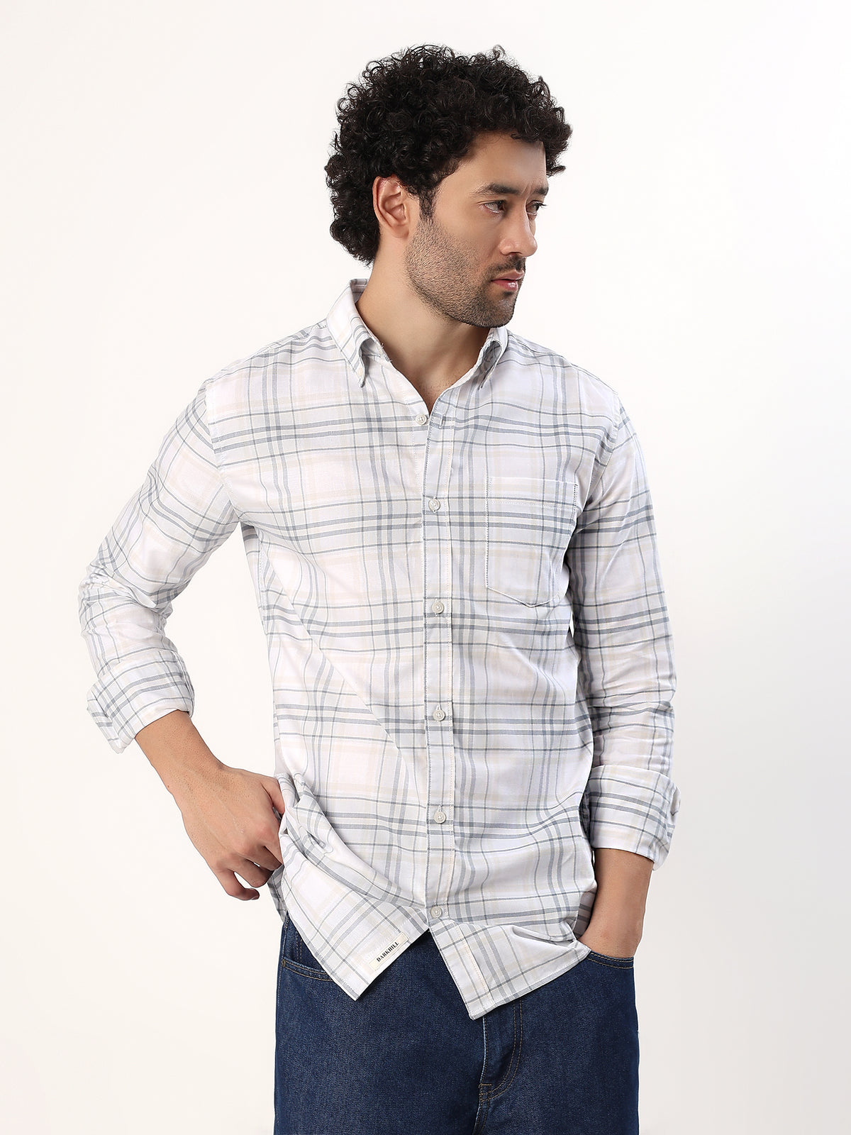 Sand Windowpane Shirt — White with sand and grey check shirt, view 3