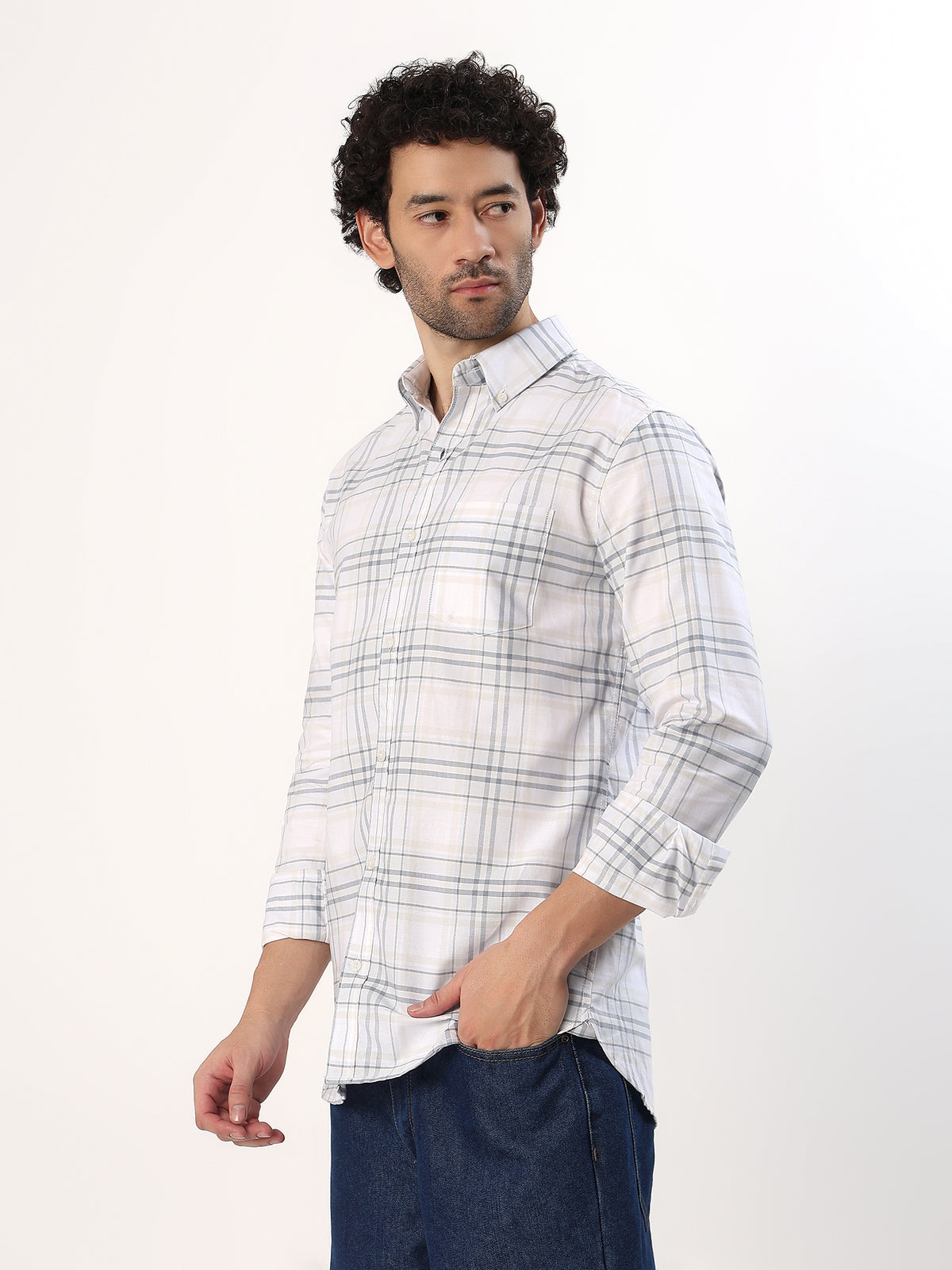 Sand Windowpane Shirt — White with sand and grey check shirt, view 4