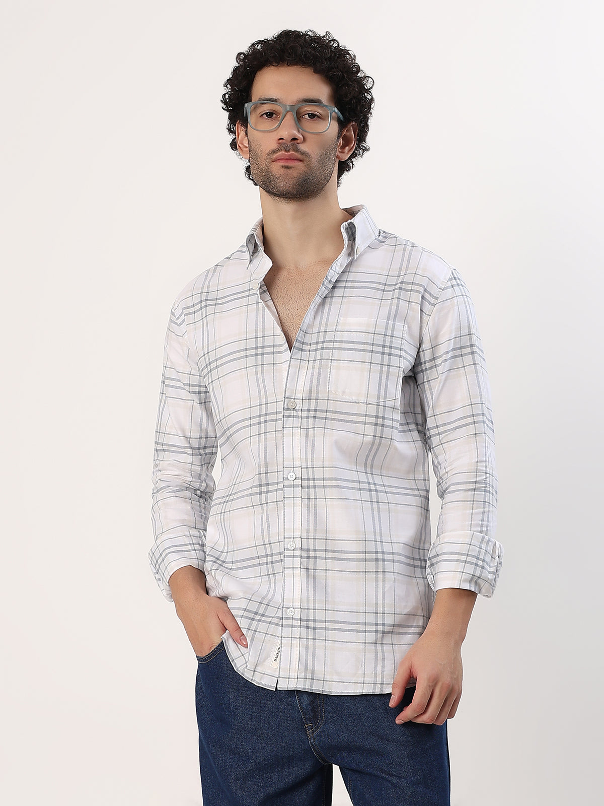 Sand Windowpane Shirt — White with sand and grey check shirt, view 5
