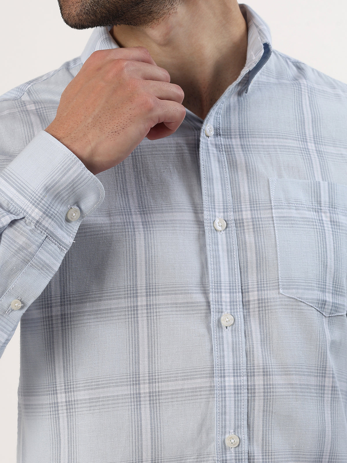Mist Blue Check Shirt — Pale blue check shirt, view 7