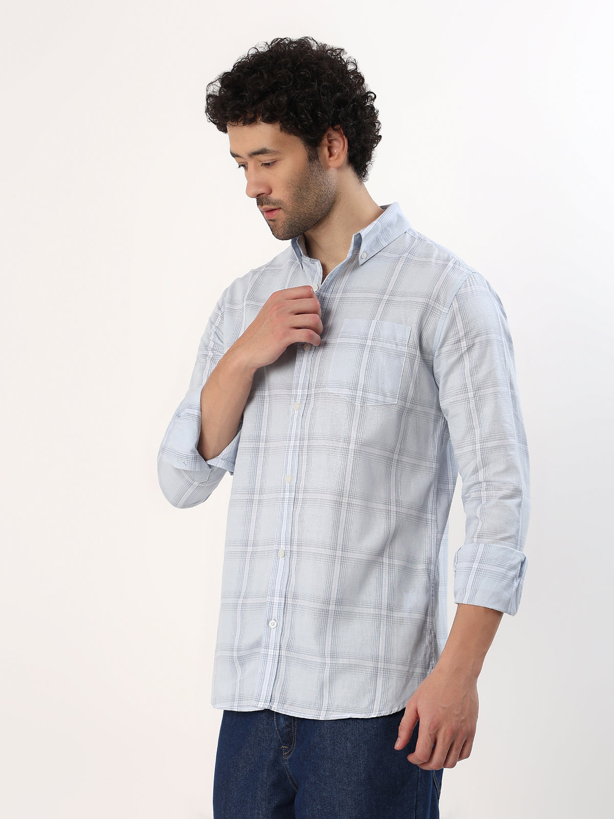 Mist Blue Check Shirt — Pale blue check shirt, view 3