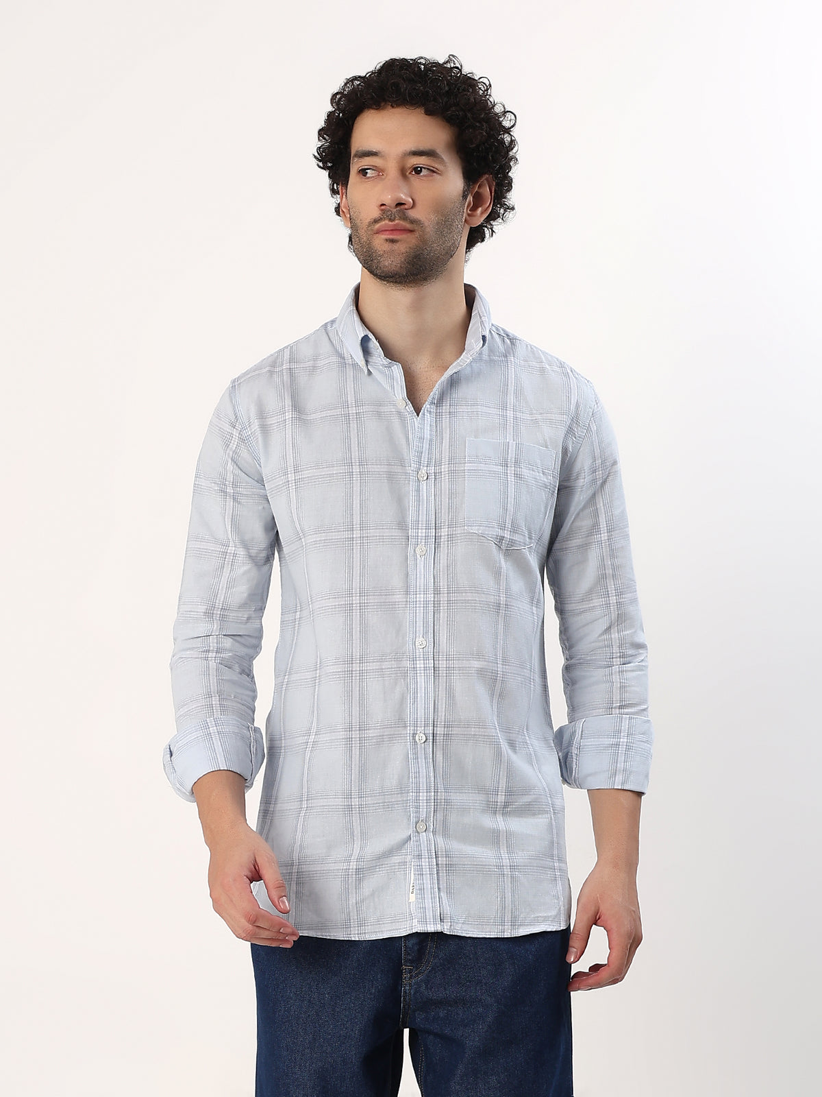 Mist Blue Check Shirt — Pale blue check shirt, view 1