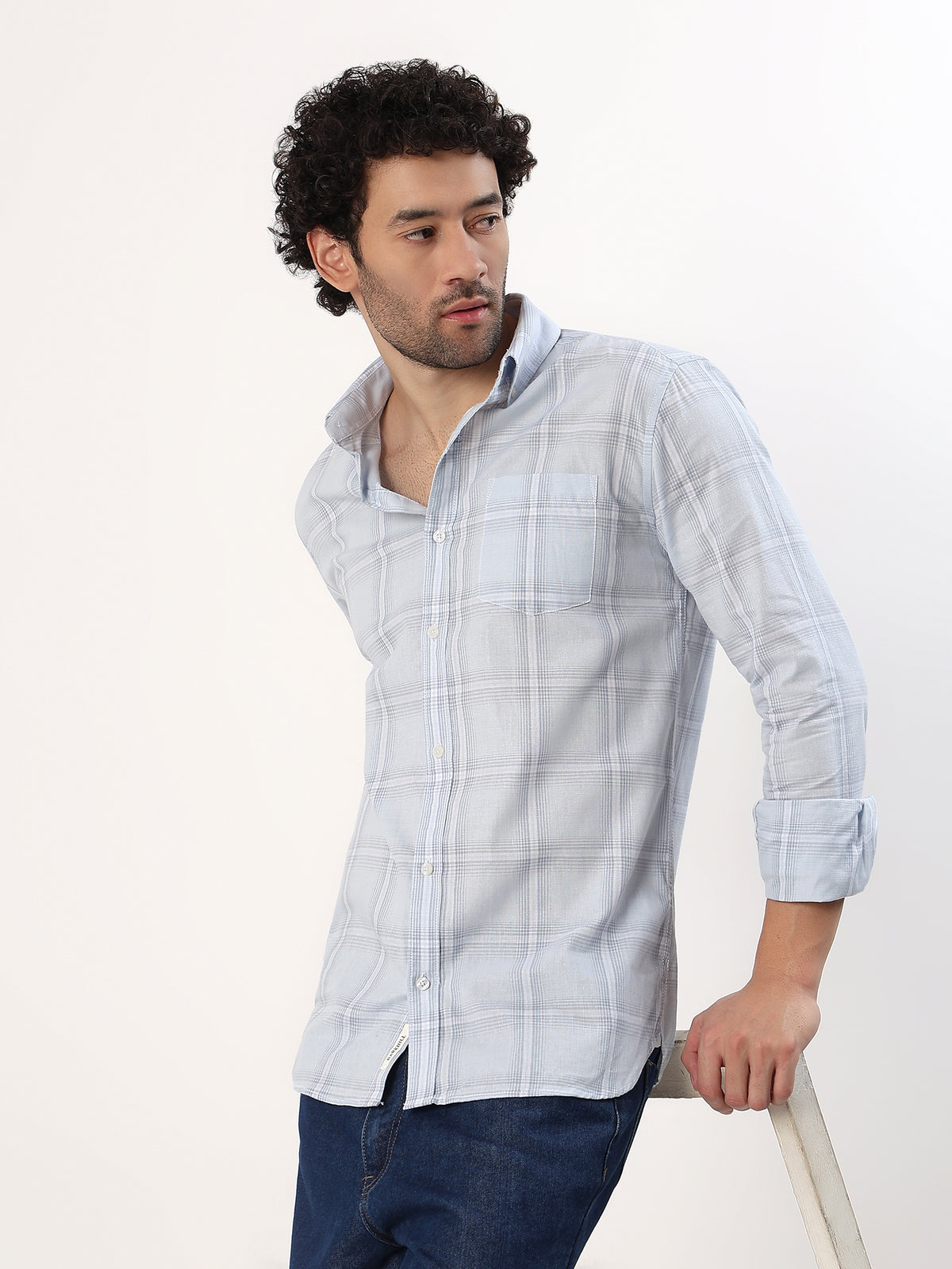 Mist Blue Check Shirt — Pale blue check shirt, view 5