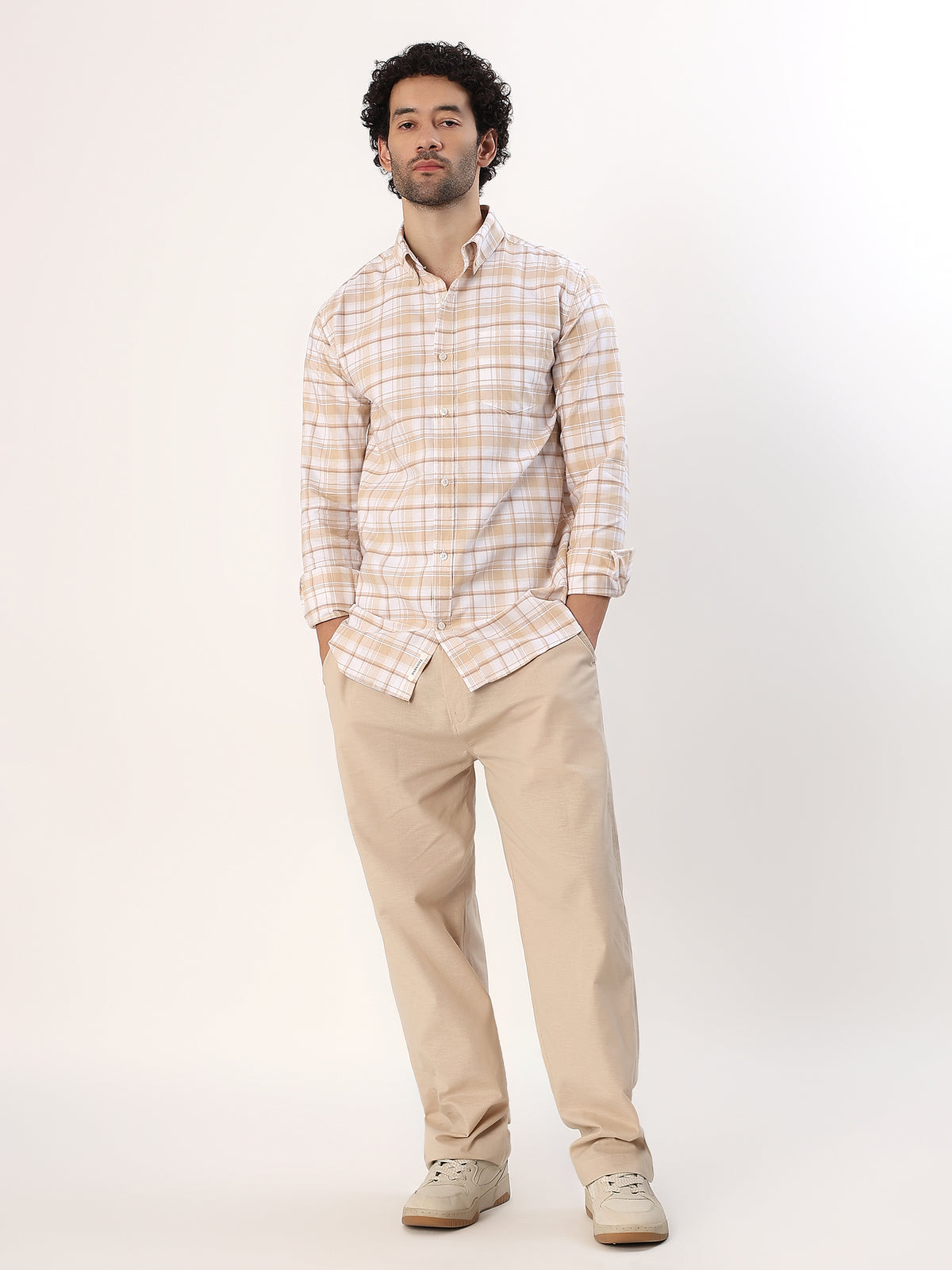Camel Check Shirt — Camel and white check shirt, view 2