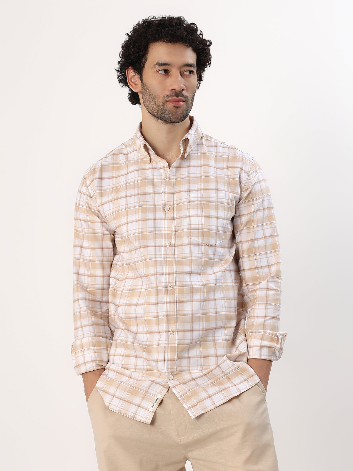 Camel Check Shirt — Camel and white check shirt, view 1
