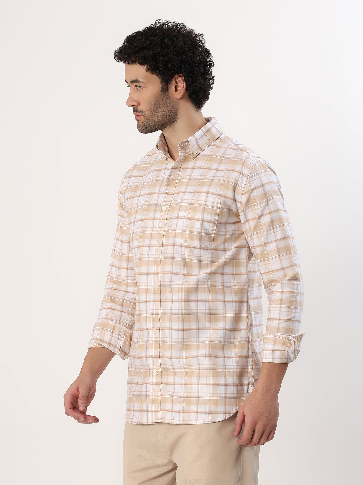 Camel Check Shirt — Camel and white check shirt, view 3