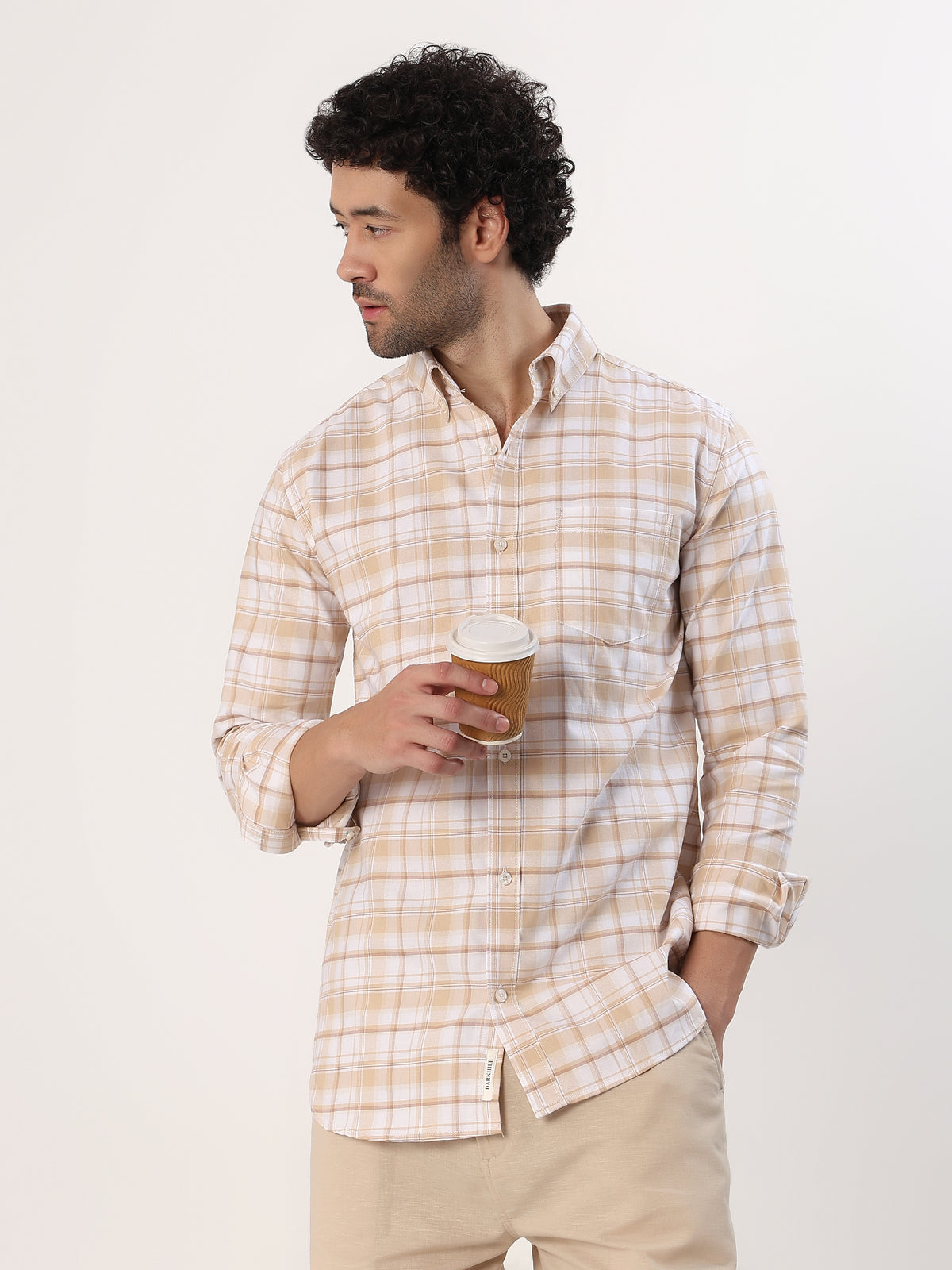 Camel Check Shirt — Camel and white check shirt, view 5