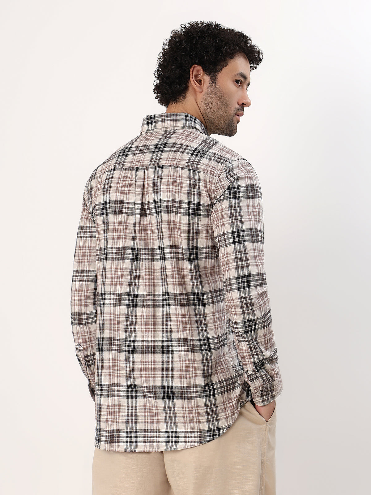 Rust Plaid Shirt — Cream with rust and brown check shirt, view 6