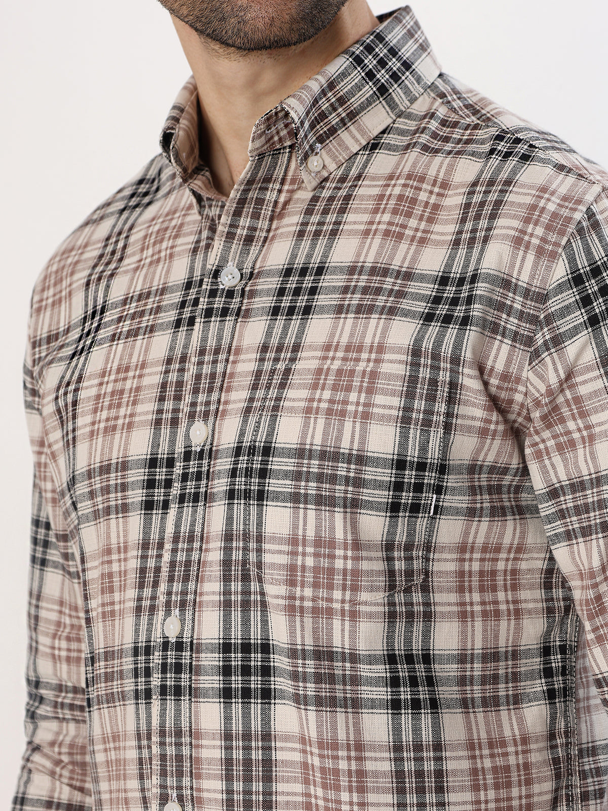 Rust Plaid Shirt — Cream with rust and brown check shirt, view 7