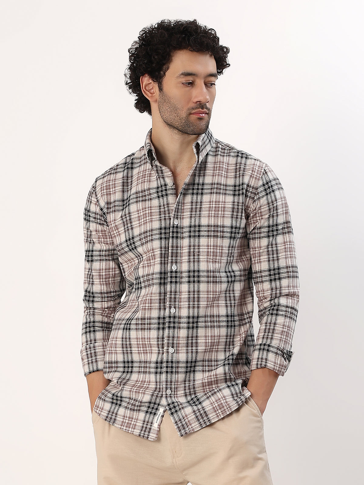 Rust Plaid Shirt — Cream with rust and brown check shirt, view 2