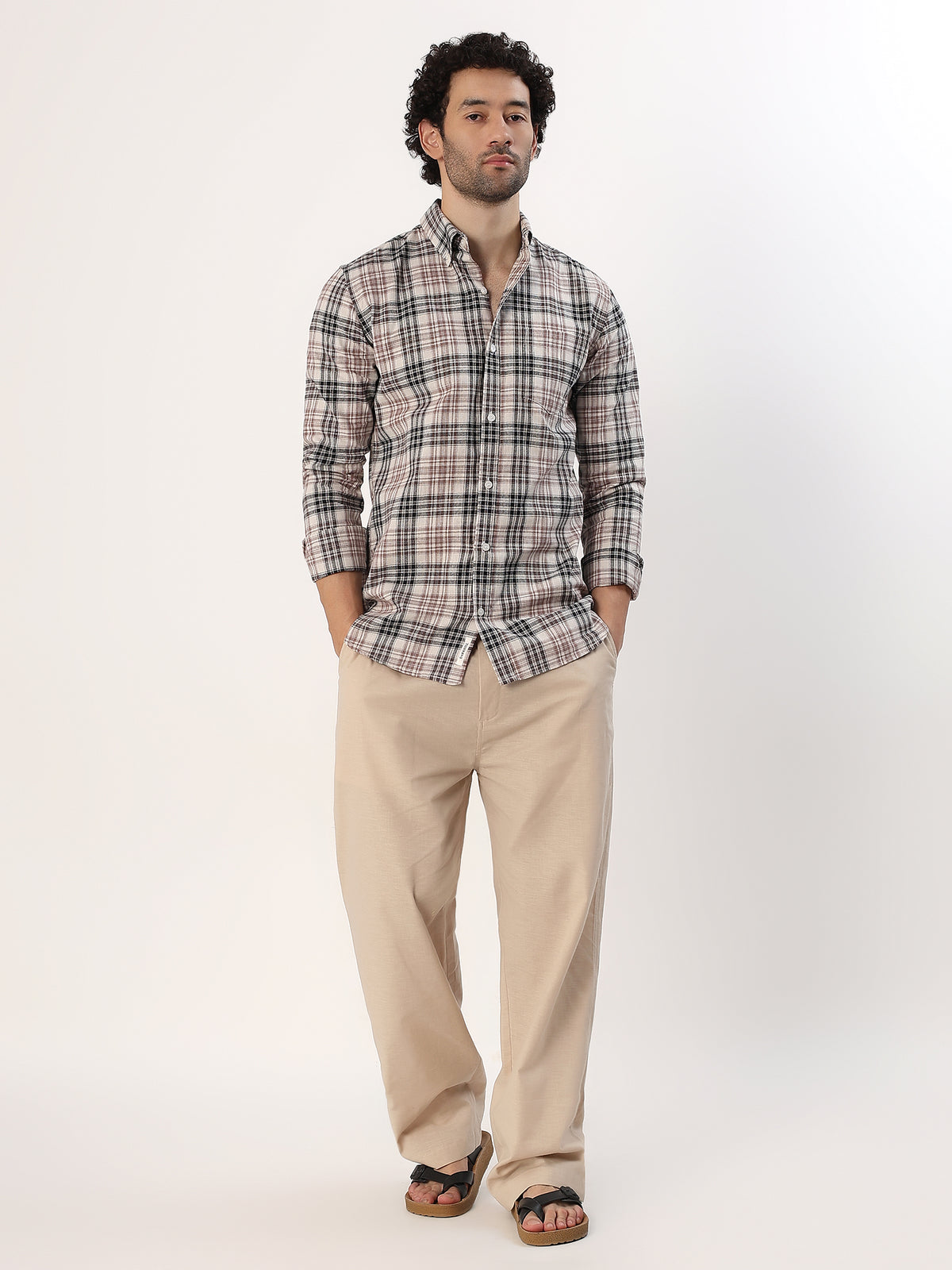 Rust Plaid Shirt — Cream with rust and brown check shirt, view 3