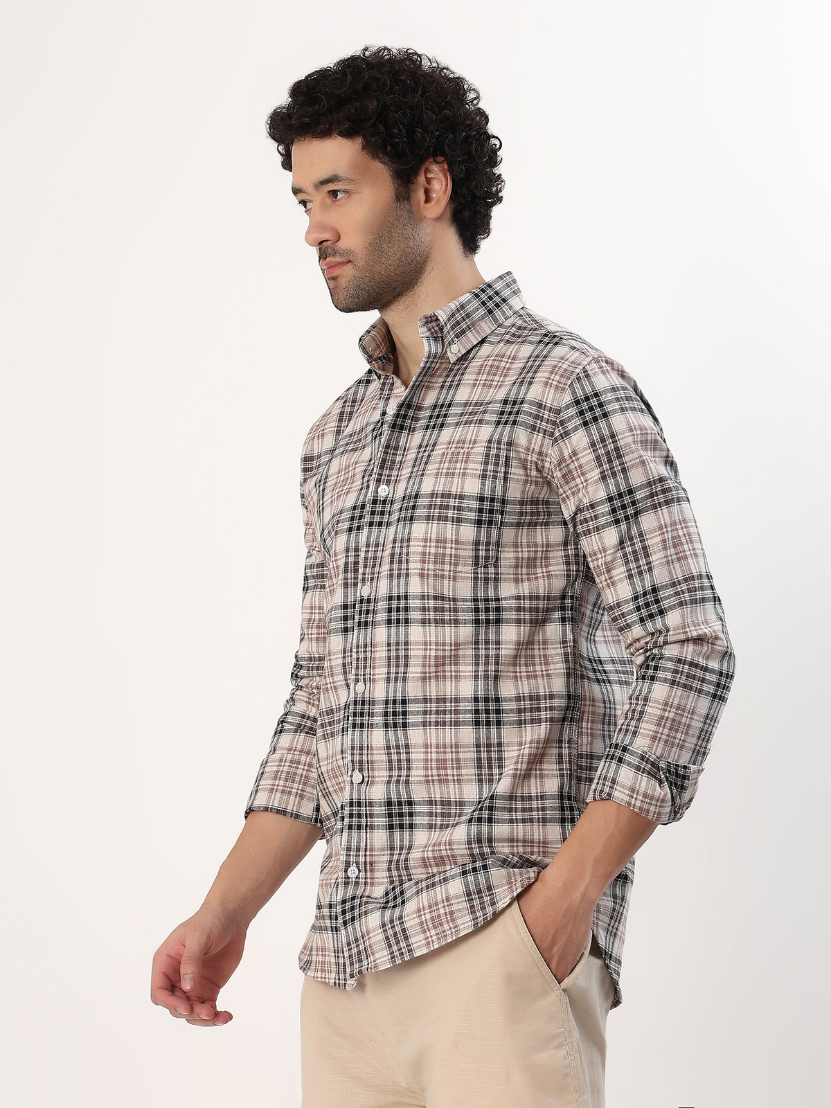Rust Plaid Shirt — Cream with rust and brown check shirt, view 4
