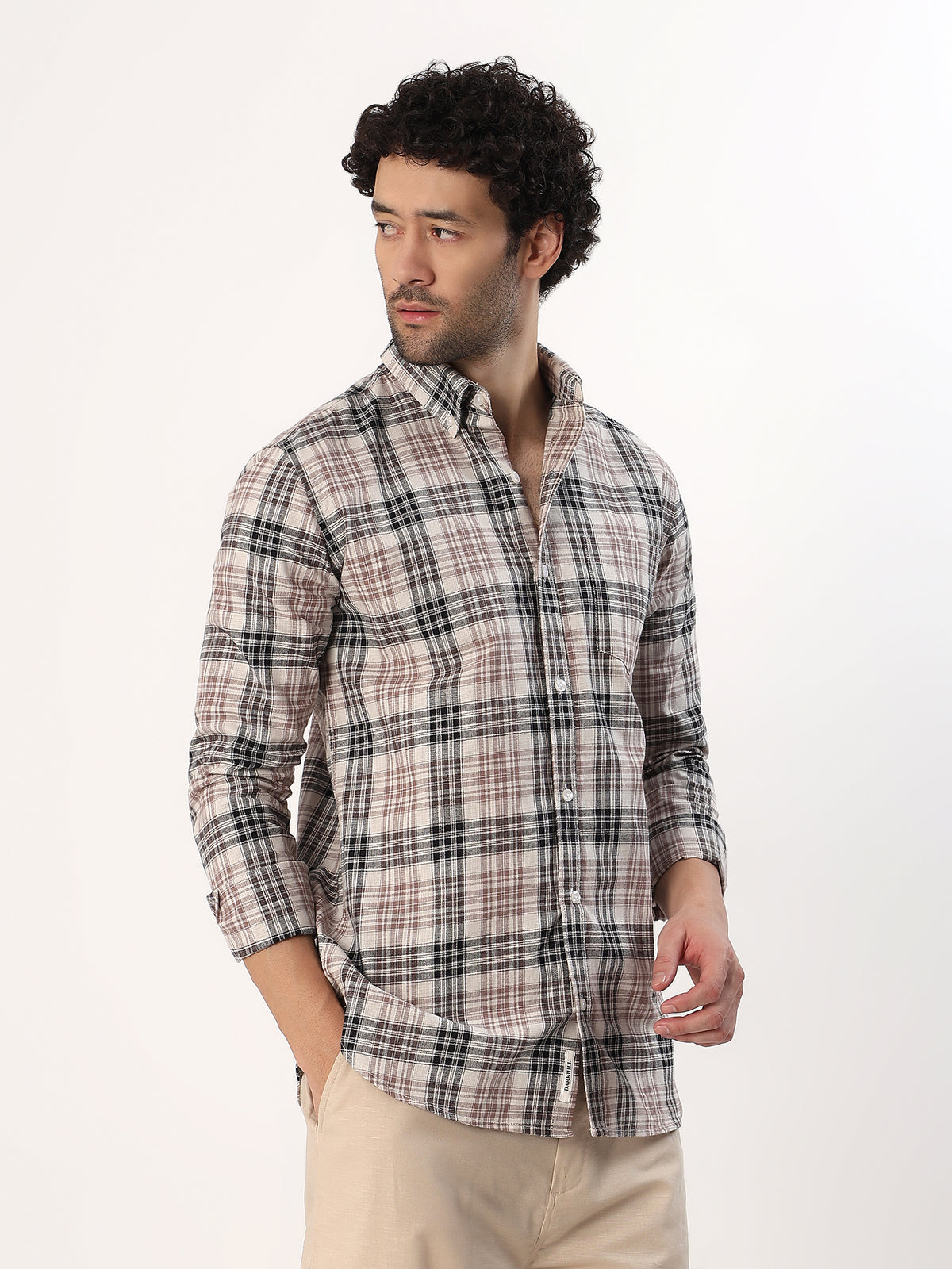 Rust Plaid Shirt — Cream with rust and brown check shirt, view 1