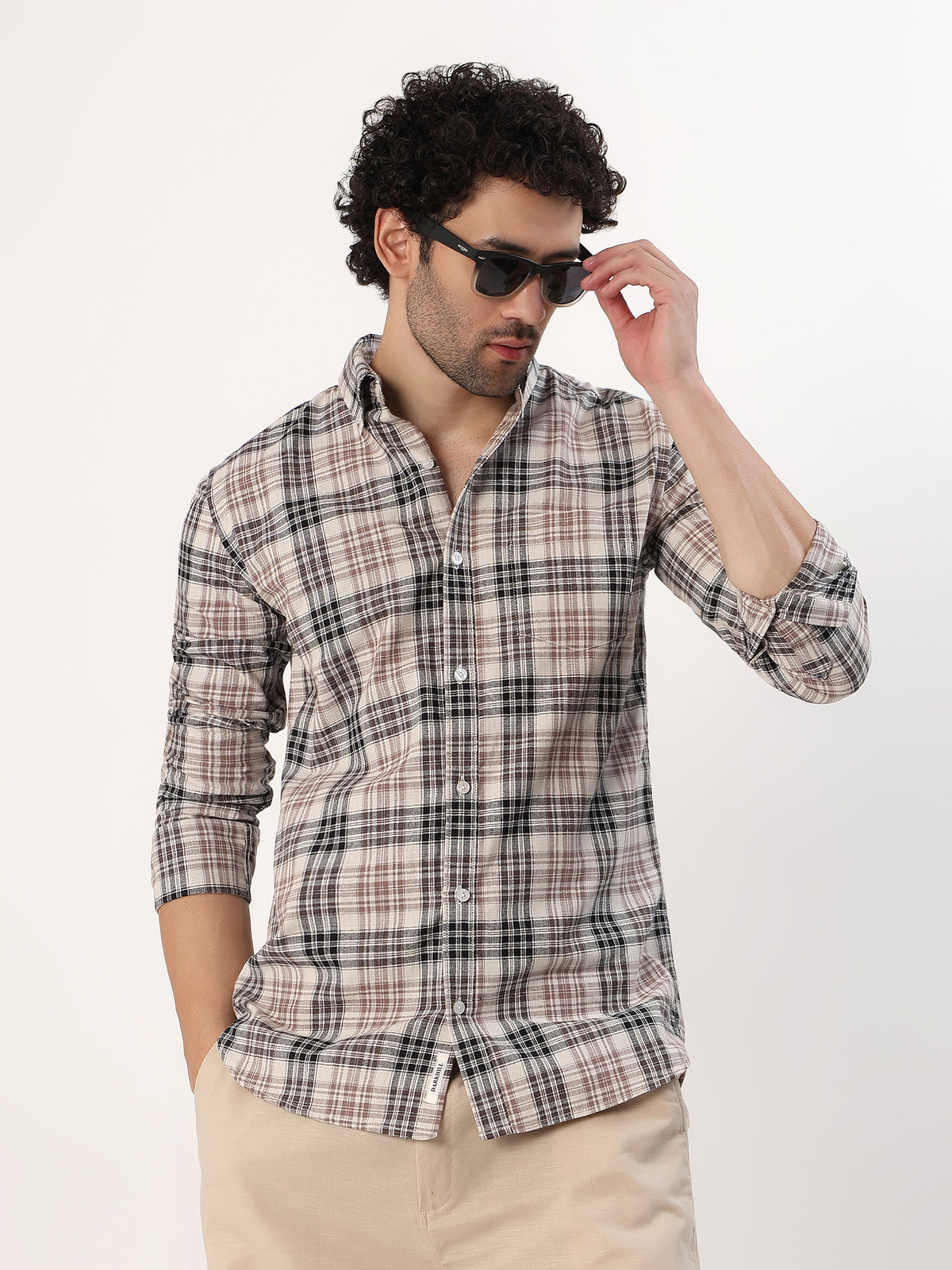 Rust Plaid Shirt — Cream with rust and brown check shirt, view 5