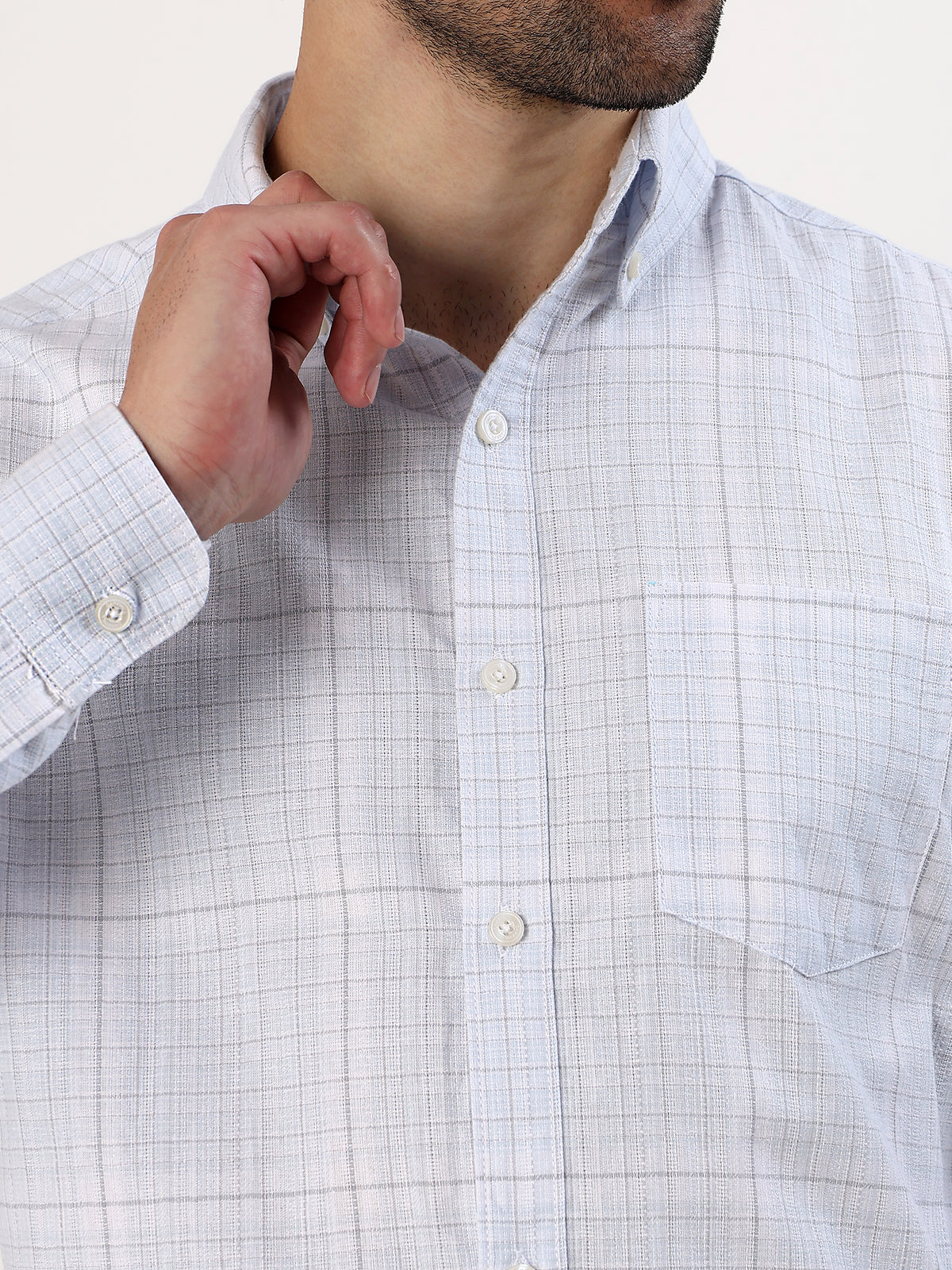 Powder Graph Check Shirt — White with powder blue check shirt, view 7