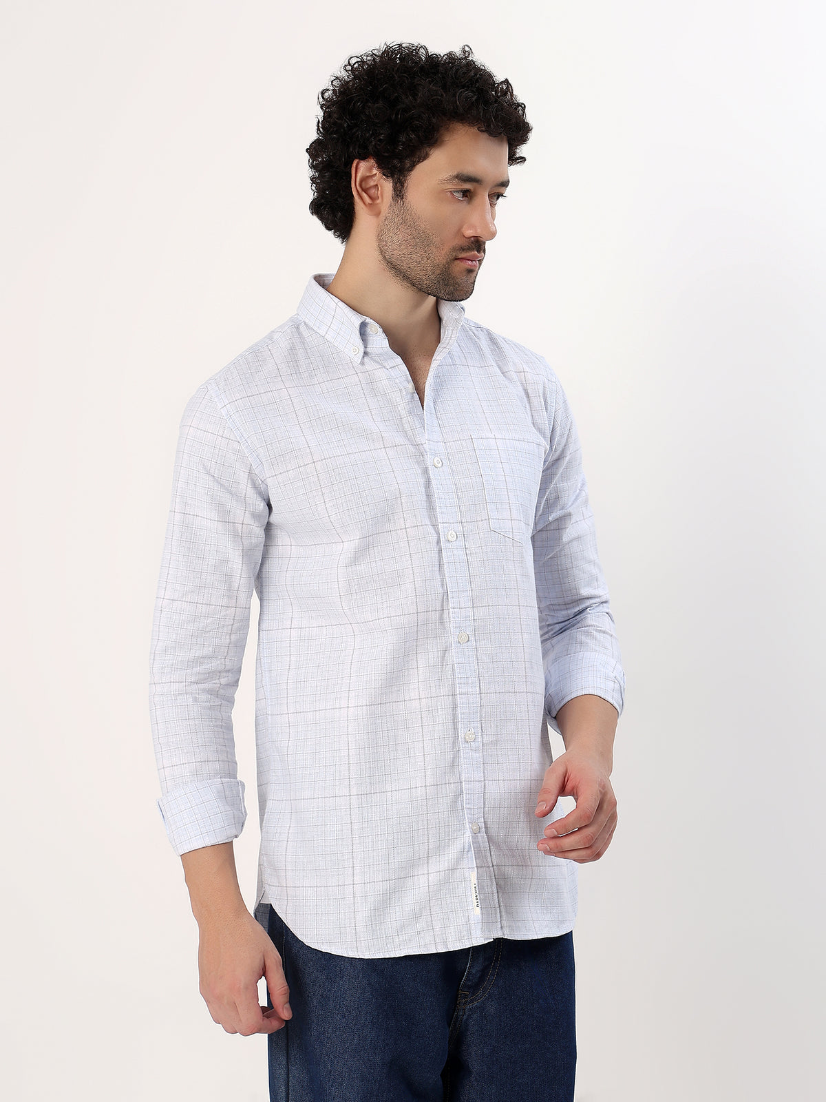 Powder Graph Check Shirt — White with powder blue check shirt, view 3