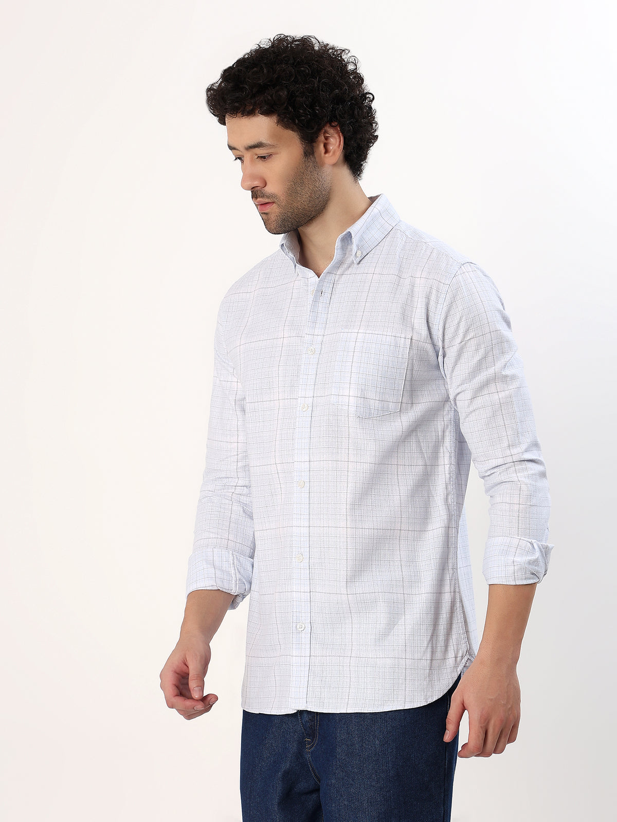 Powder Graph Check Shirt — White with powder blue check shirt, view 1