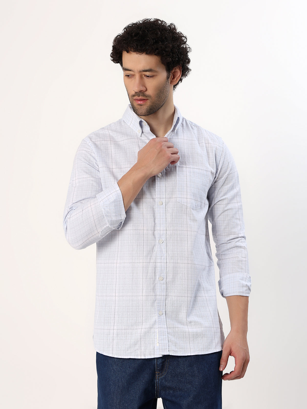 Powder Graph Check Shirt — White with powder blue check shirt, view 4