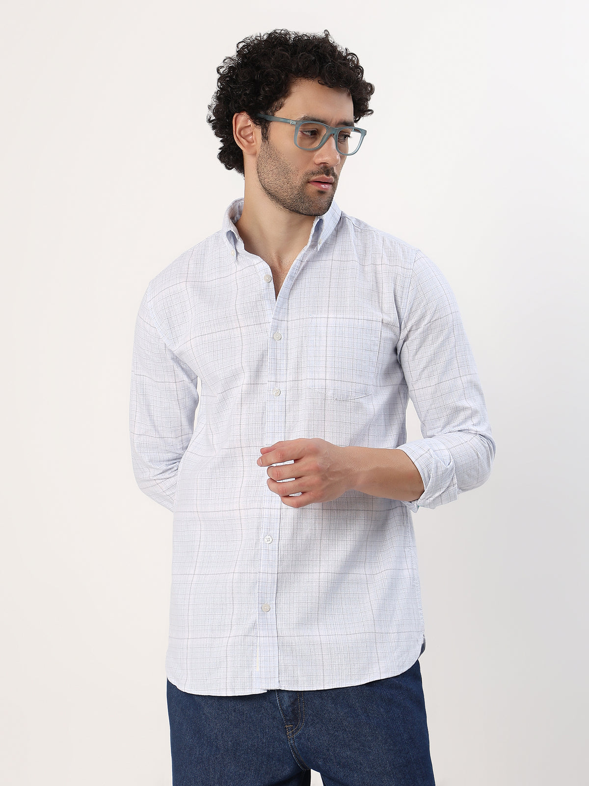 Powder Graph Check Shirt — White with powder blue check shirt, view 5