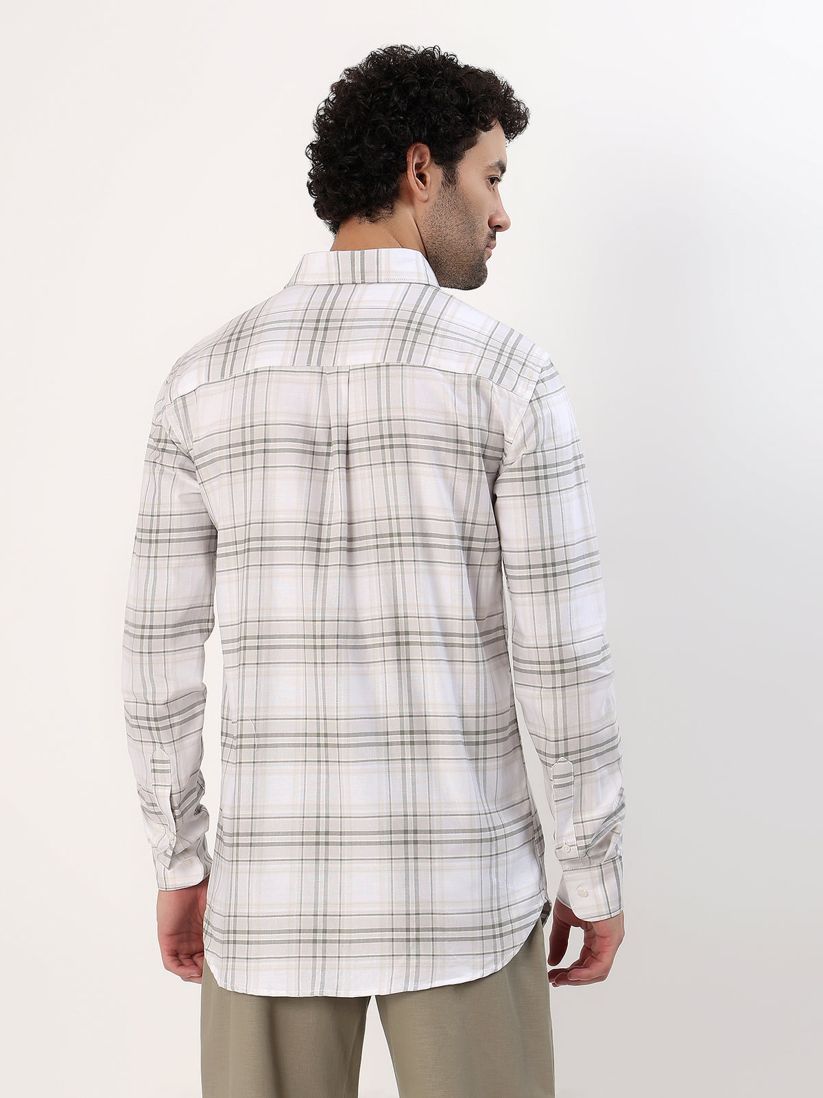 Olive Windowpane Shirt — White with olive and grey check shirt, view 6